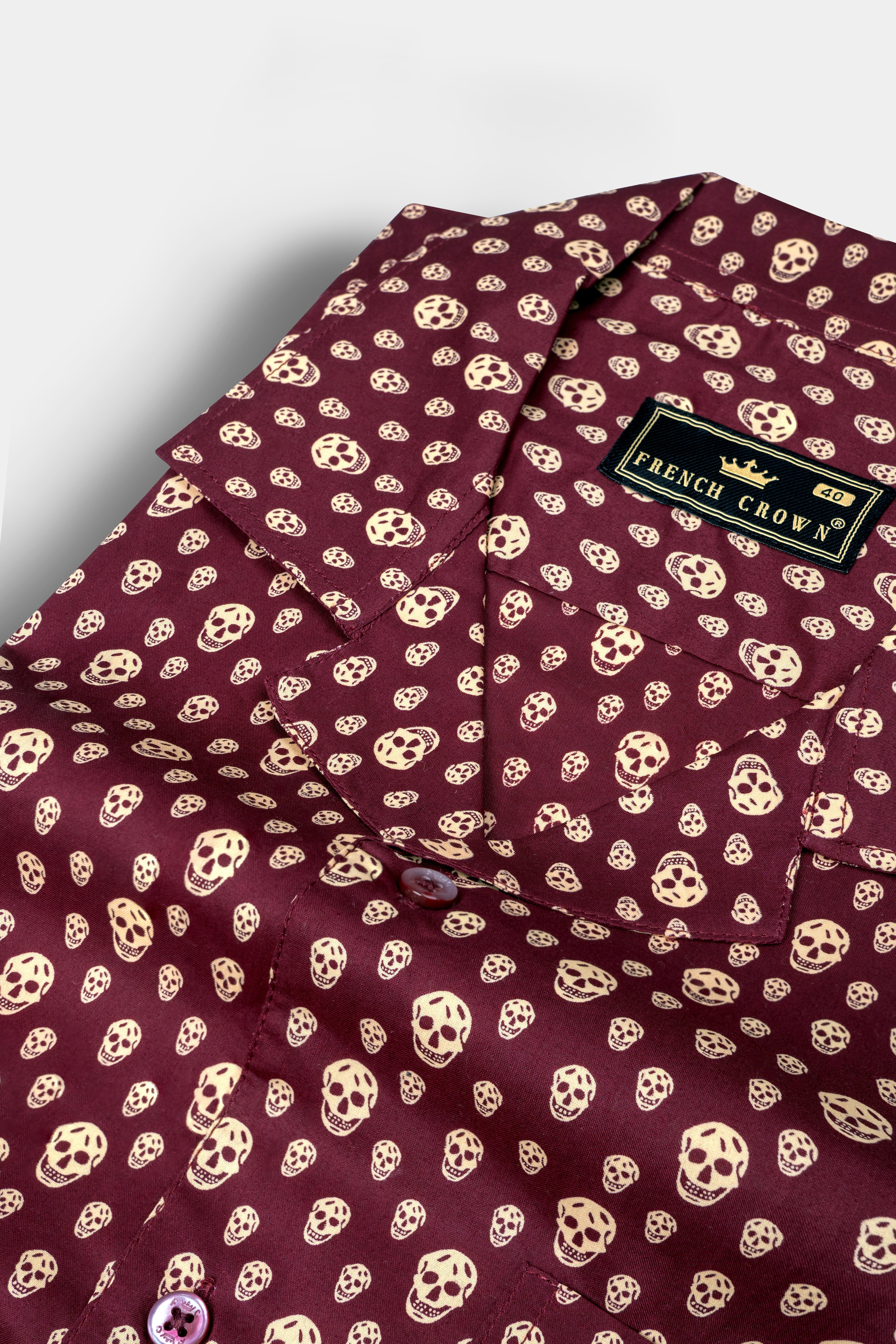 Wine Berry Red Skull Printed Poplin Cotton Shirt