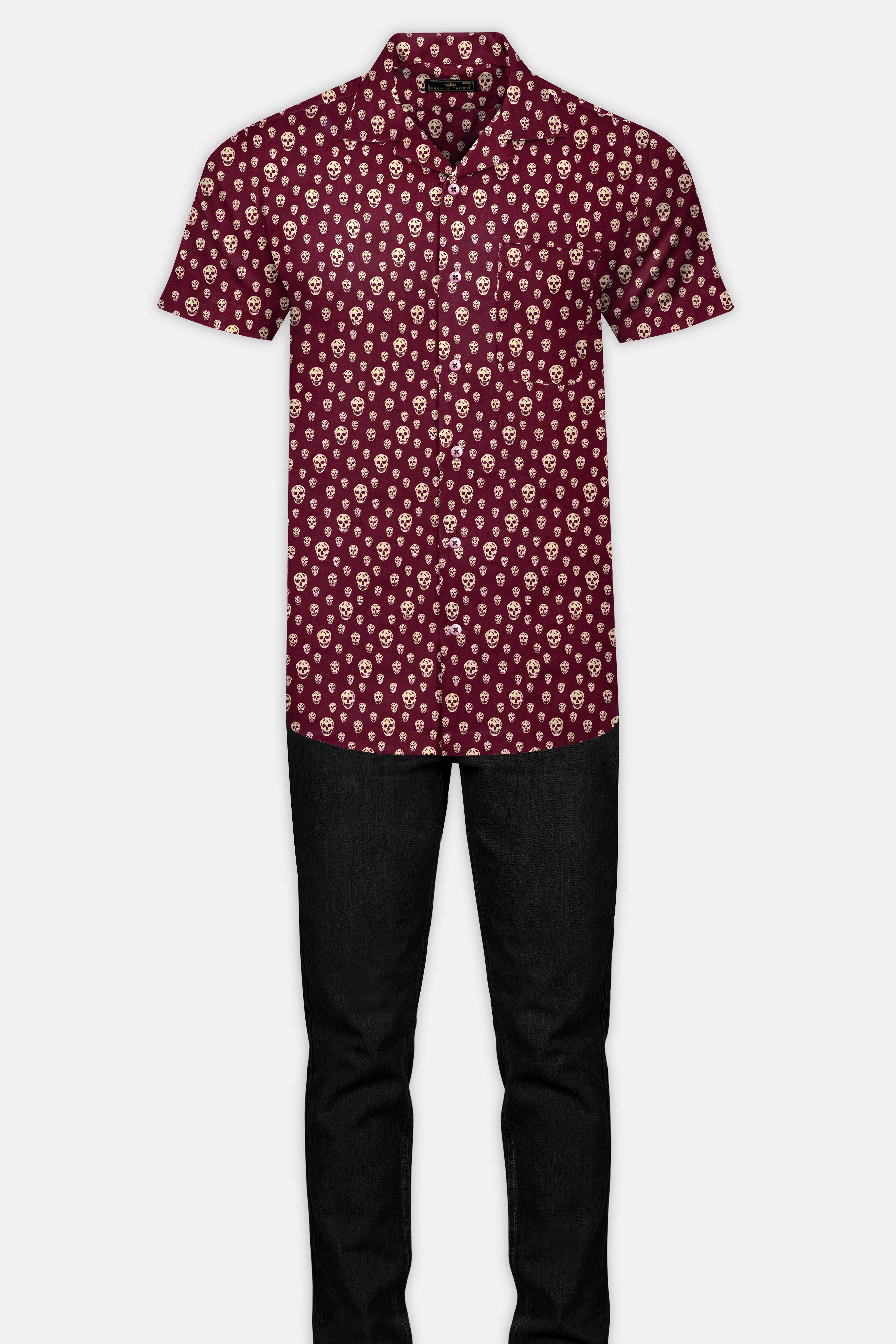 Wine Berry Red Skull Printed Poplin Cotton Shirt