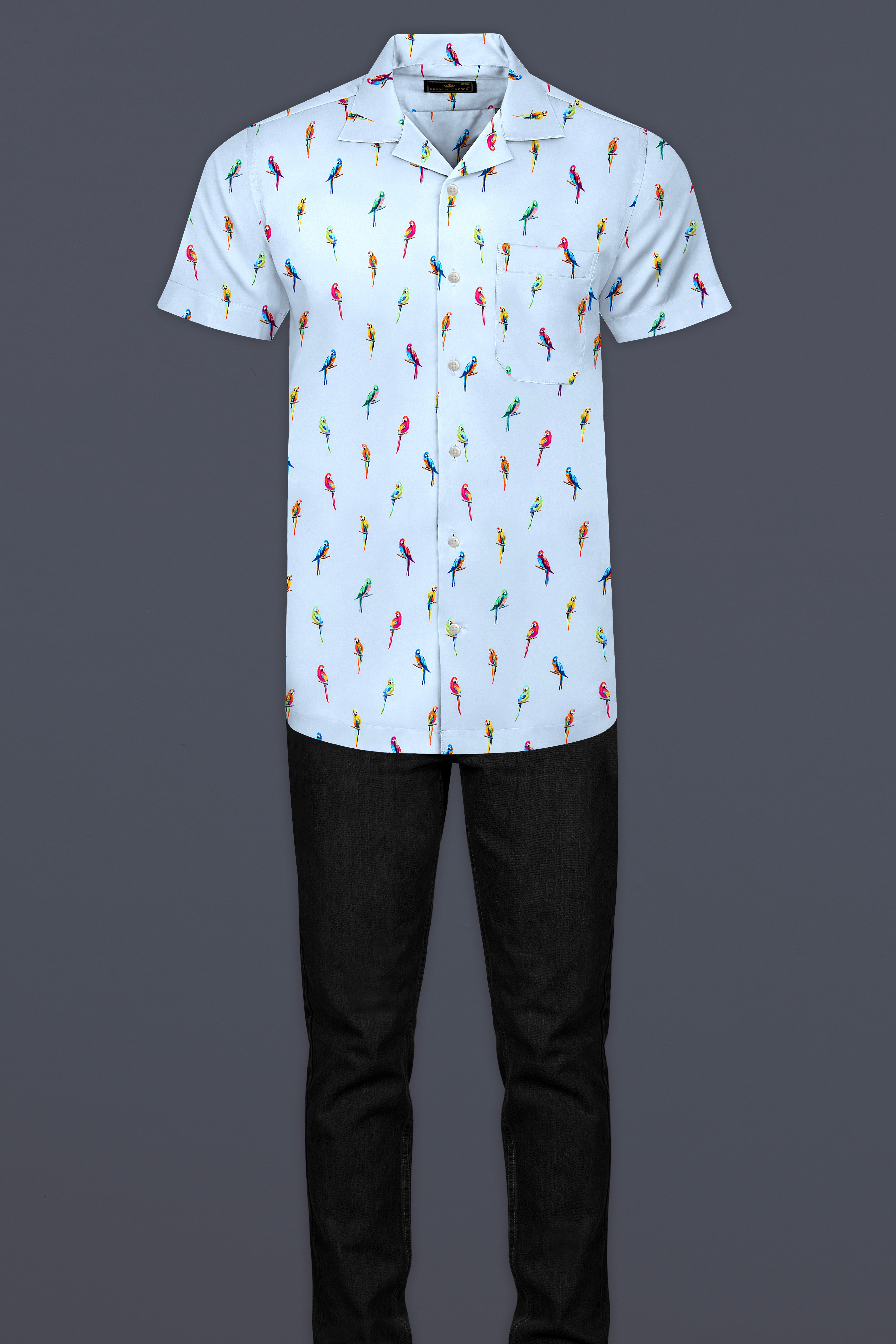 Spindle Blue Multicolor Parrots Printed Poplin Cotton Shirt