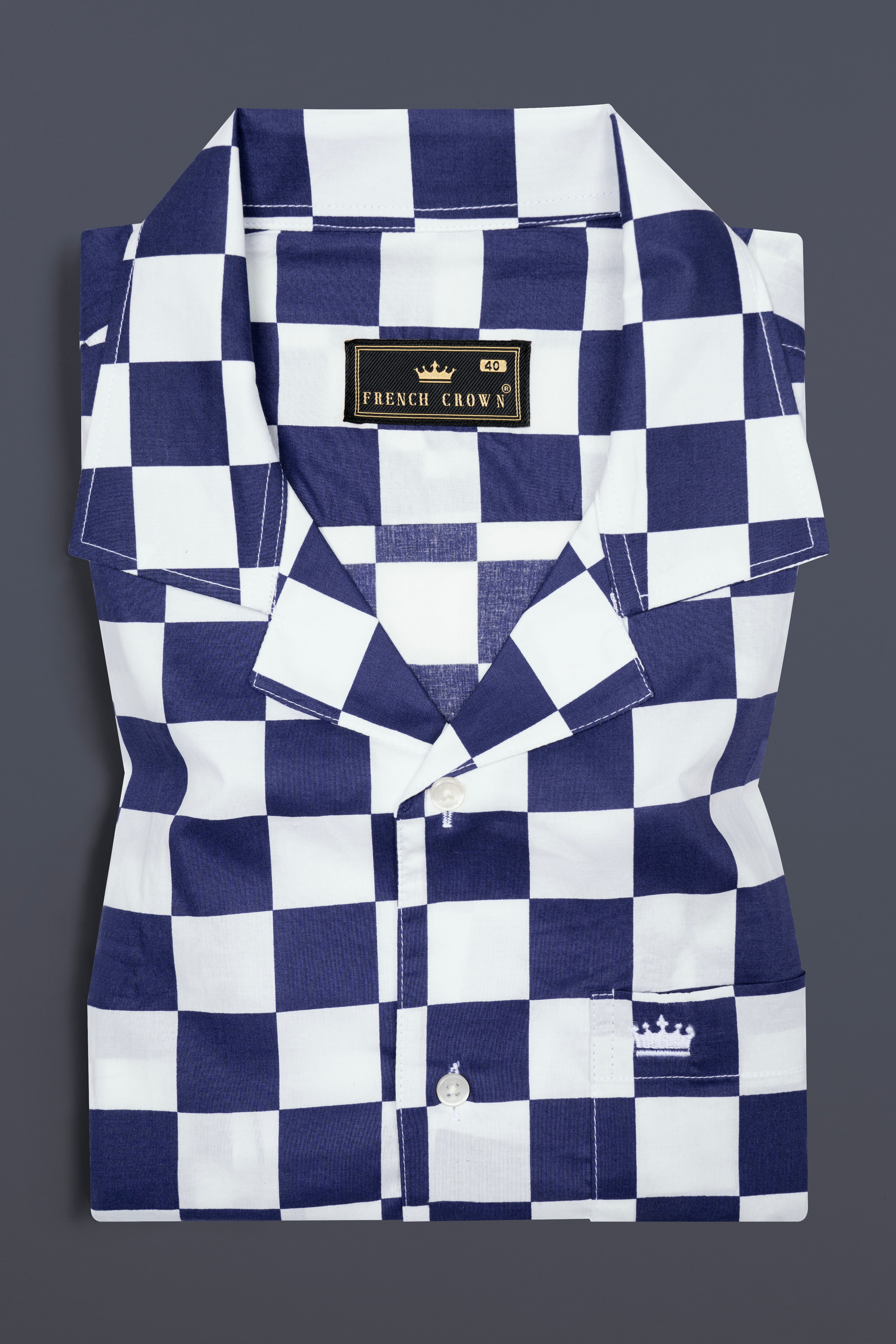 Bunting Blue with White Chess Board Printed Poplin Cotton Shirt