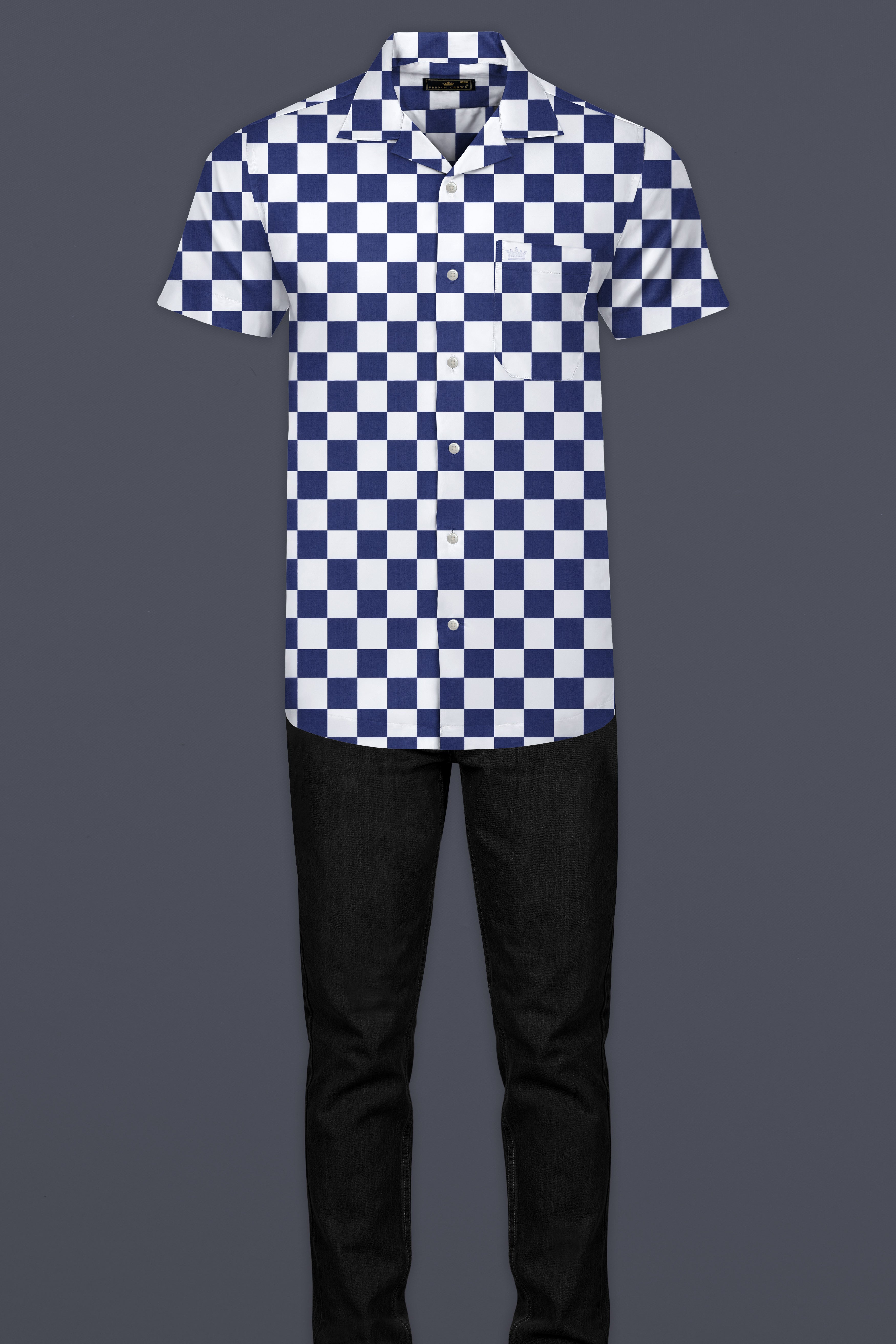 Bunting Blue with White Chess Board Printed Poplin Cotton Shirt