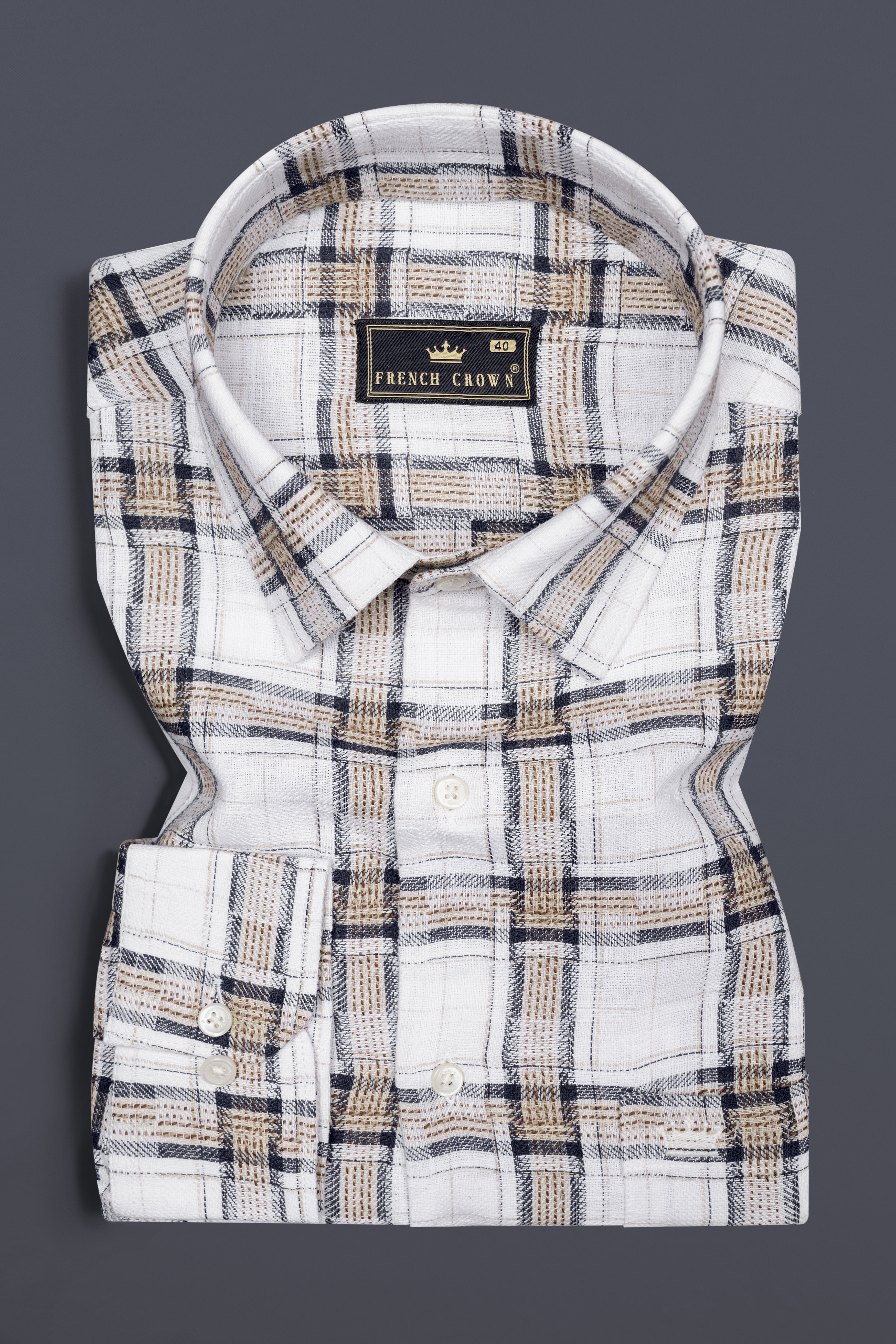 Bright White with Shadow Brown Plaid Dobby Shirt 12707-38, 12707-H-38, 12707-39, 12707-H-39, 12707-40, 12707-H-40, 12707-42, 12707-H-42, 12707-44, 12707-H-44, 12707-46, 12707-H-46, 12707-48, 12707-H-48, 12707-50, 12707-H-50, 12707-52, 12707-H-52