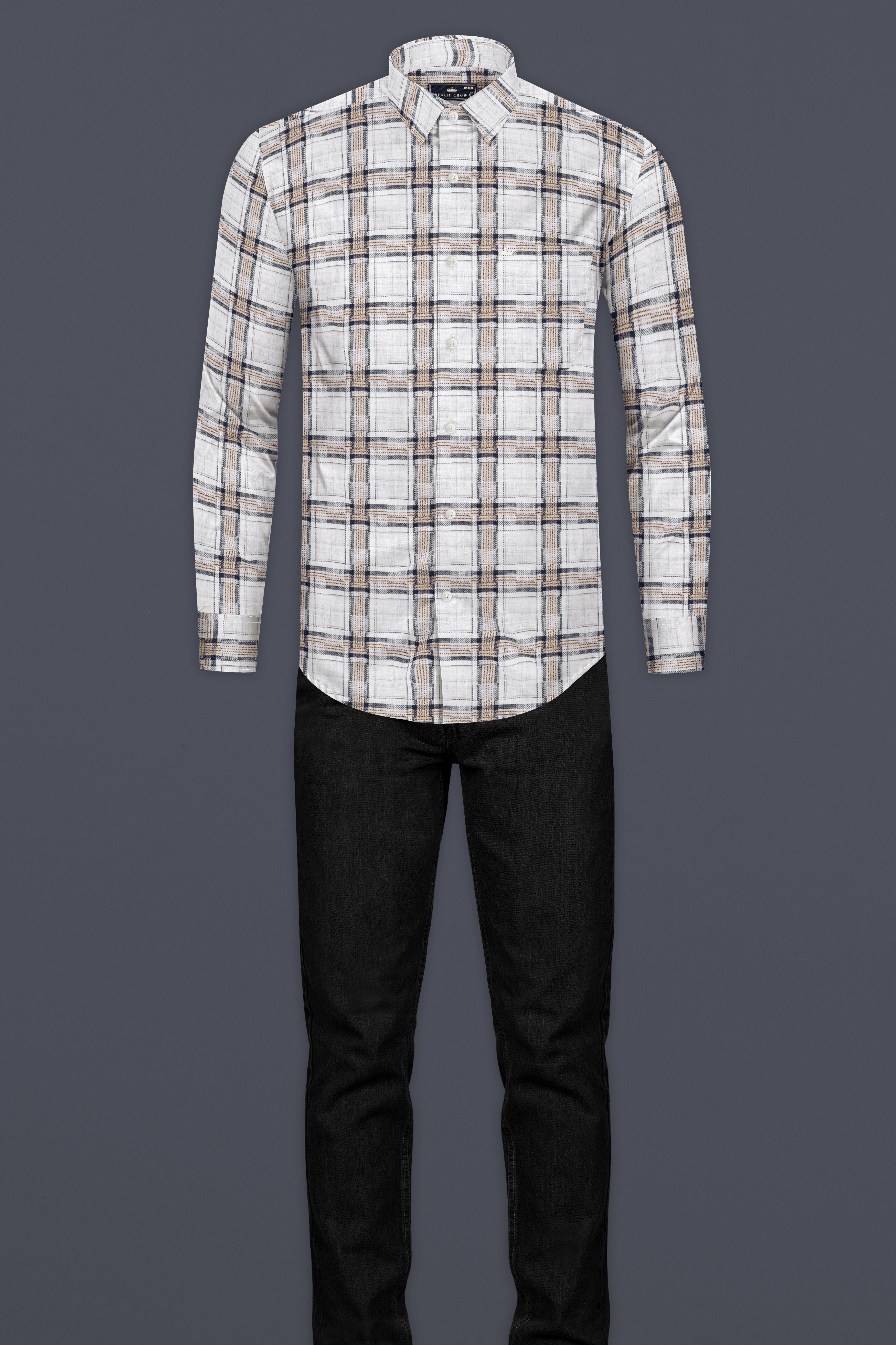 Bright White with Shadow Brown Plaid Dobby Shirt 12707-38, 12707-H-38, 12707-39, 12707-H-39, 12707-40, 12707-H-40, 12707-42, 12707-H-42, 12707-44, 12707-H-44, 12707-46, 12707-H-46, 12707-48, 12707-H-48, 12707-50, 12707-H-50, 12707-52, 12707-H-52