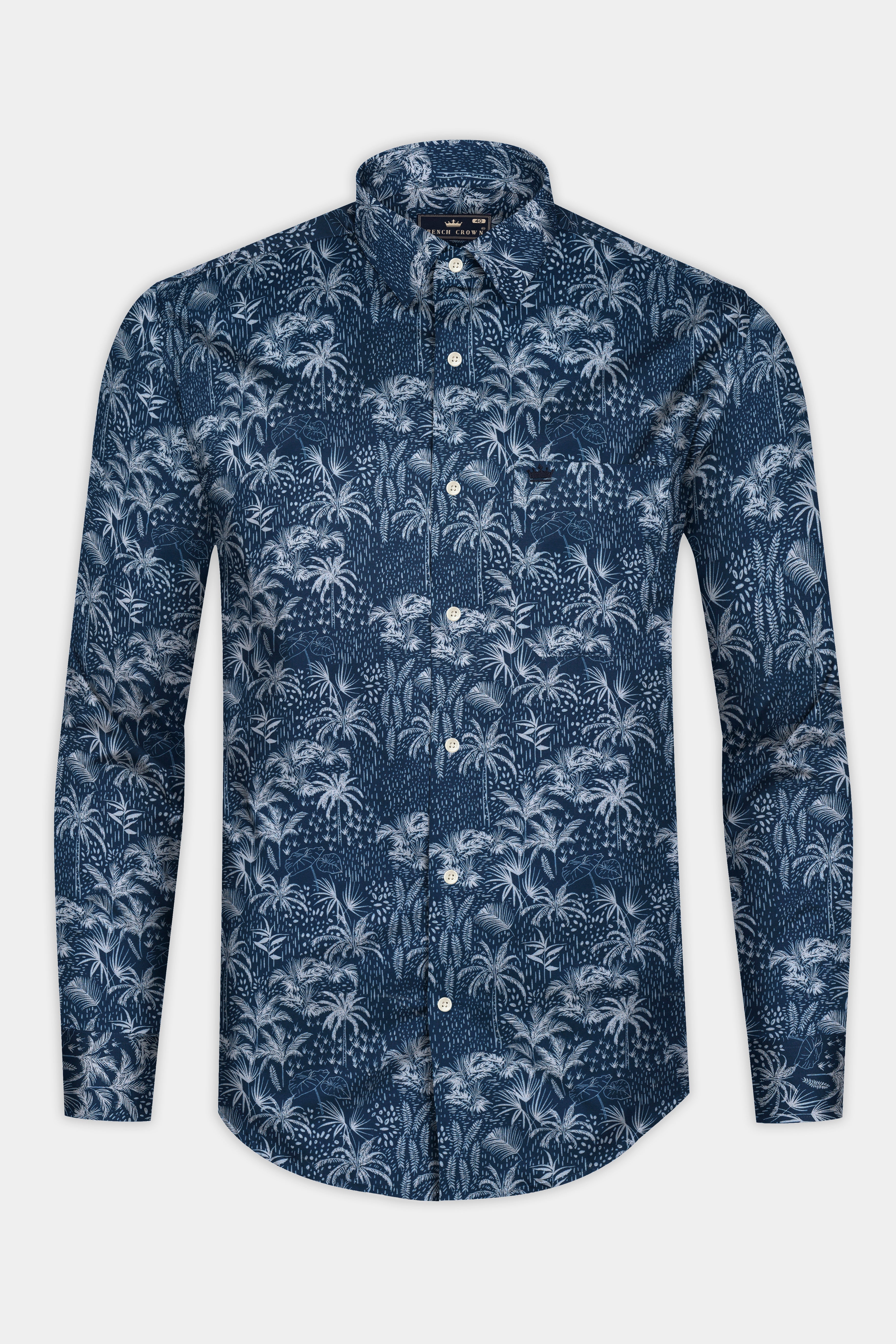Rhino Blue Coconut Tree Printed Poplin Giza Cotton Shirt 12747-38, 12747-H-38, 12747-39, 12747-39, 12747-40, 12747-40, 12747-42, 12747-42, 12747-44, 12747-44, 12747-46, 12747-46, 12747-48, 12747-48, 12747-50, 12747-50, 12747-52, 12747-52