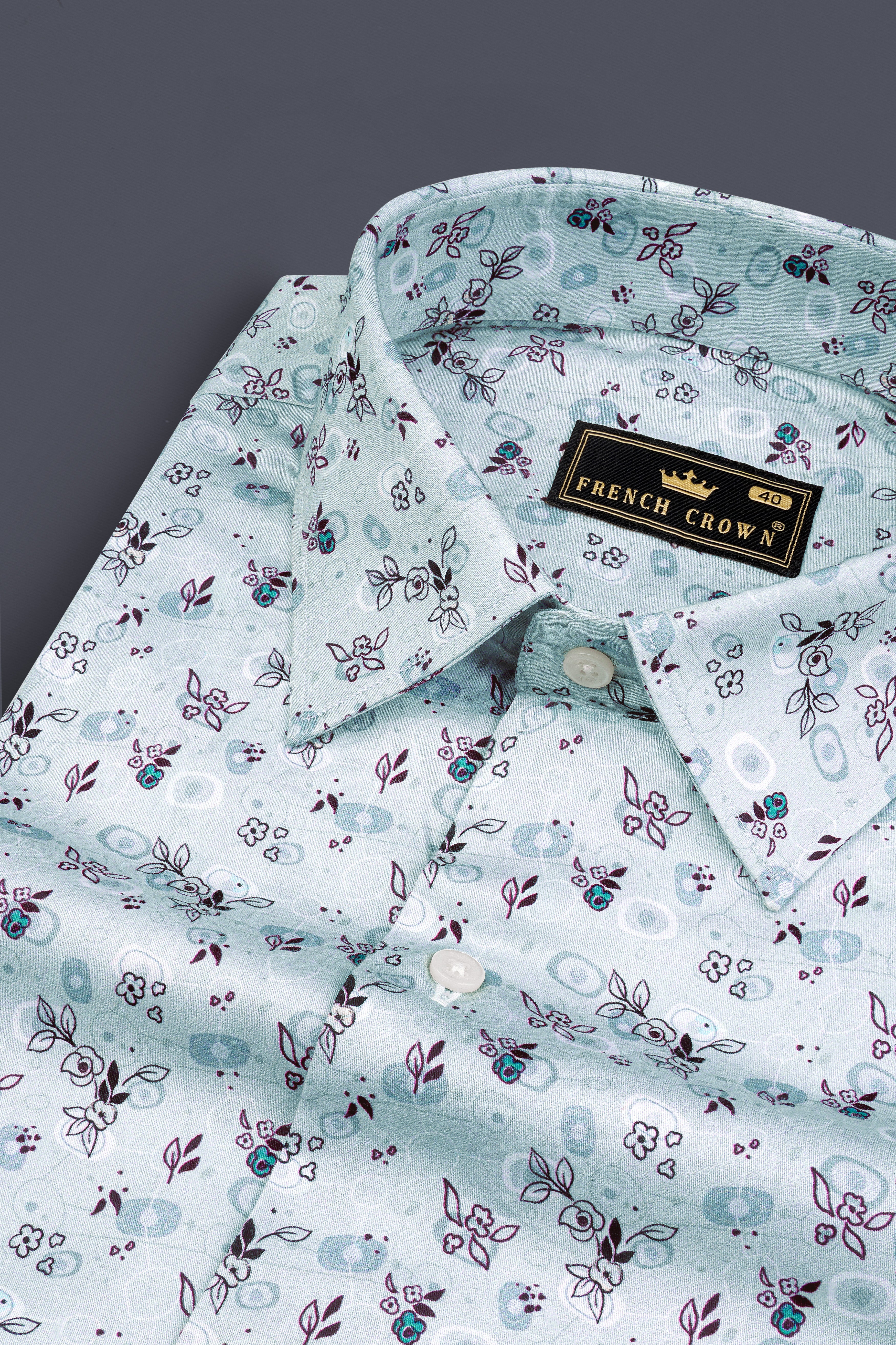Periwinkle Blue with Melanzane Maroon Flower Printed Super Soft Premium Cotton Shirt 12758-38, 12758-H-38, 12758-39, 12758-39, 12758-40, 12758-40, 12758-42, 12758-42, 12758-44, 12758-44, 12758-46, 12758-46, 12758-48, 12758-48, 12758-50, 12758-50, 12758-52, 12758-52