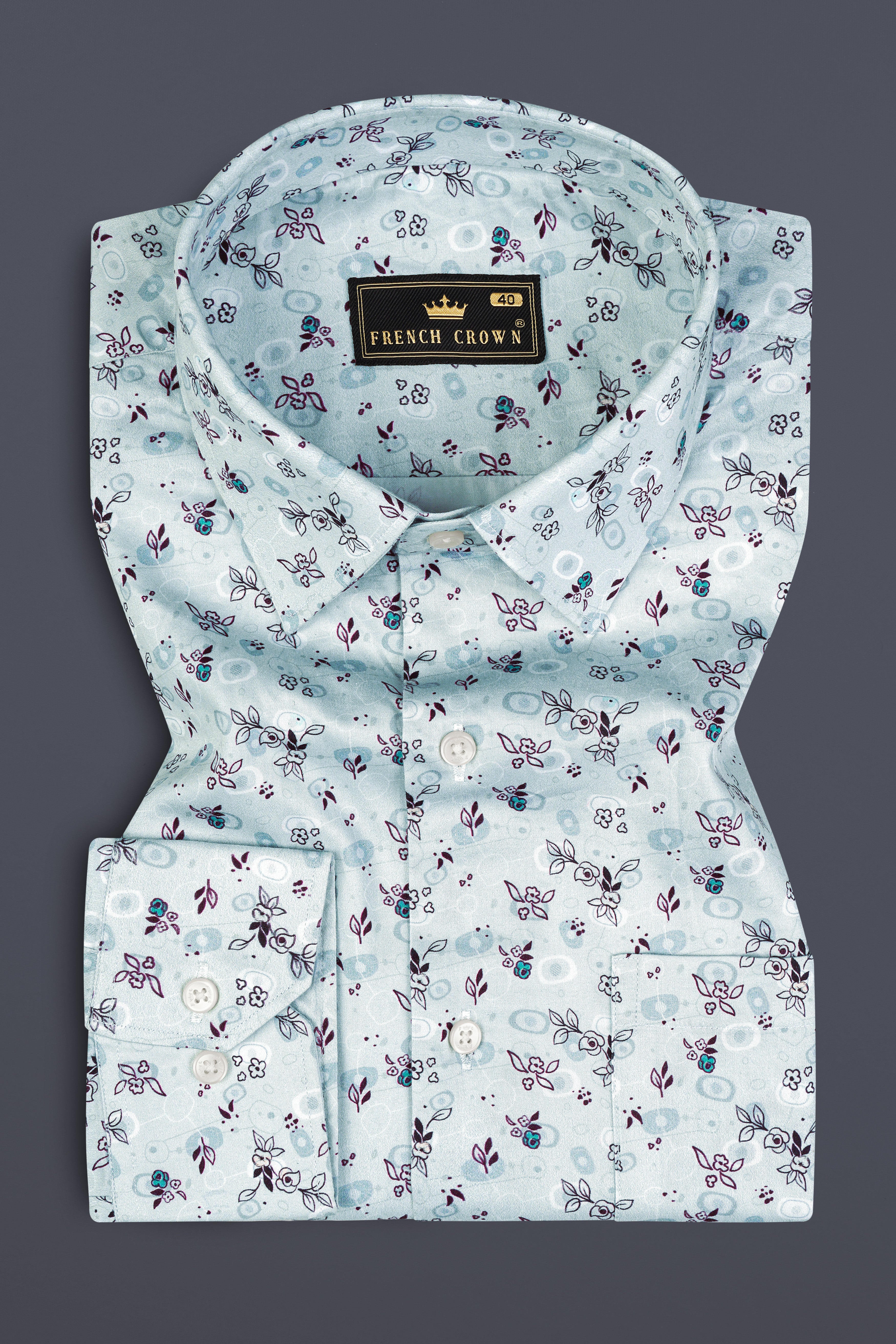 Periwinkle Blue with Melanzane Maroon Flower Printed Super Soft Premium Cotton Shirt 12758-38, 12758-H-38, 12758-39, 12758-39, 12758-40, 12758-40, 12758-42, 12758-42, 12758-44, 12758-44, 12758-46, 12758-46, 12758-48, 12758-48, 12758-50, 12758-50, 12758-52, 12758-52