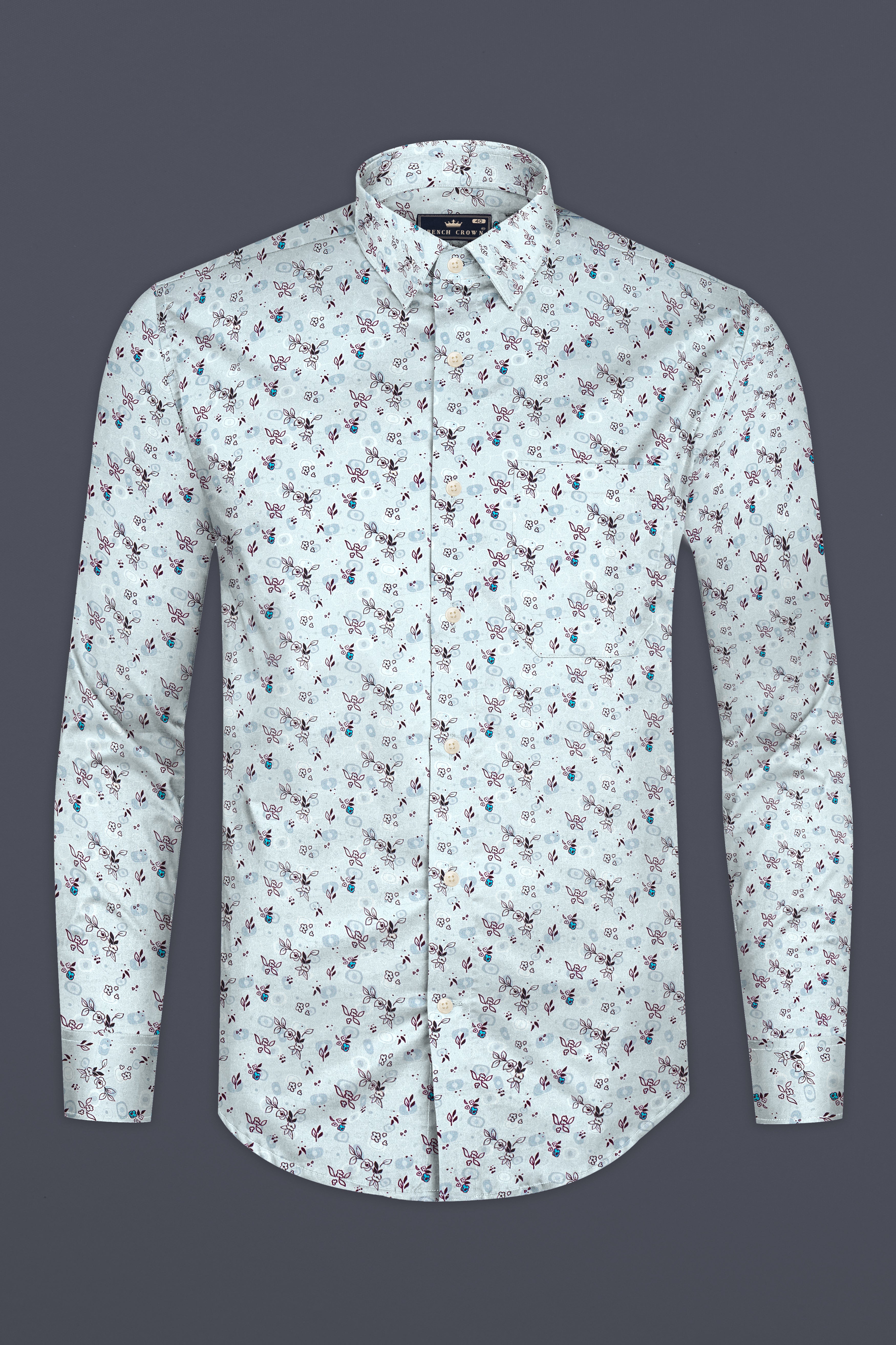 Periwinkle Blue with Melanzane Maroon Flower Printed Super Soft Premium Cotton Shirt 12758-38, 12758-H-38, 12758-39, 12758-39, 12758-40, 12758-40, 12758-42, 12758-42, 12758-44, 12758-44, 12758-46, 12758-46, 12758-48, 12758-48, 12758-50, 12758-50, 12758-52, 12758-52