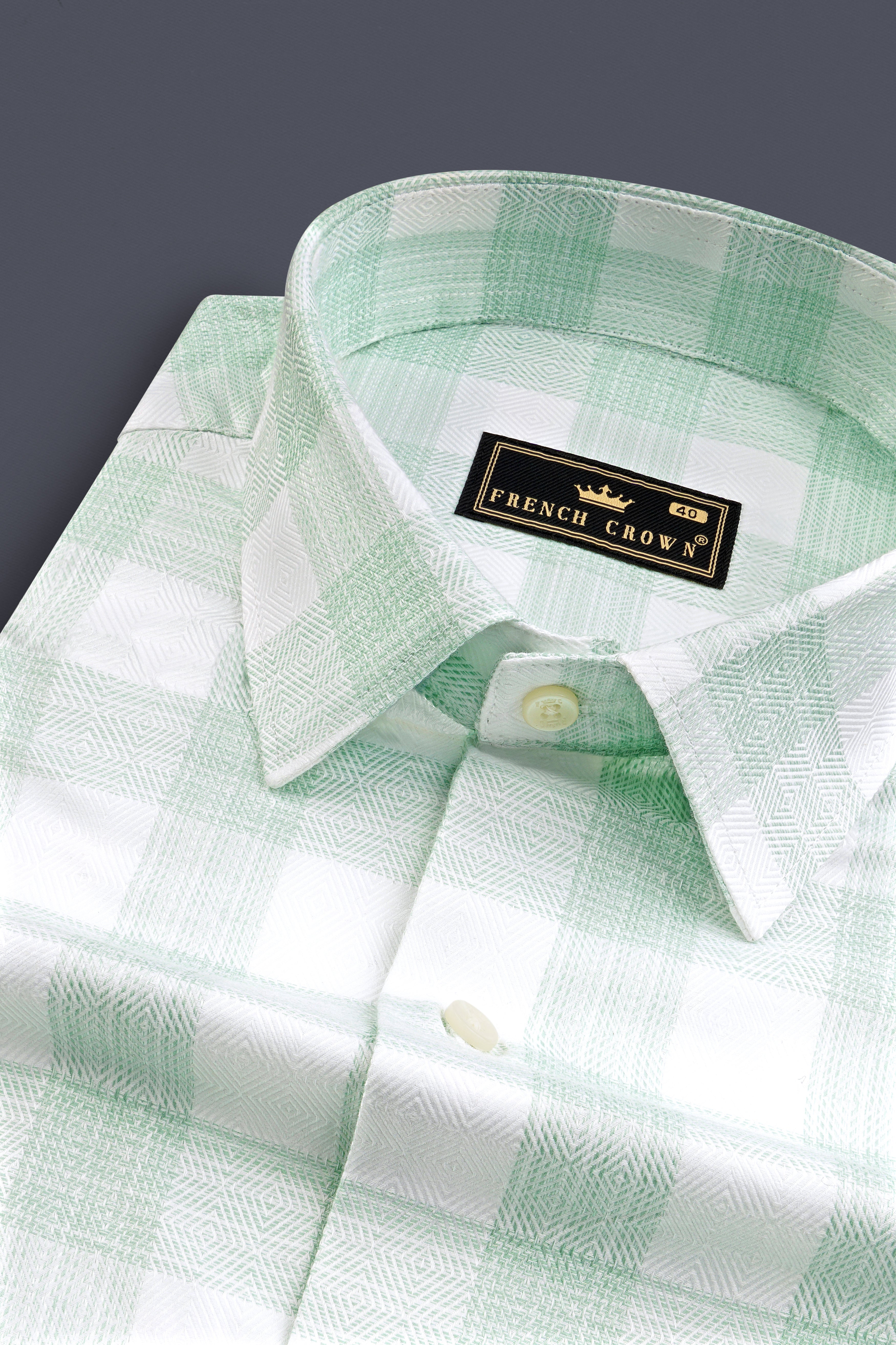 Bright White with Surf Green Plaid Dobby Cotton Shirt 12766-38, 12766-H-38, 12766-39, 12766-H-39, 12766-40, 12766-H-40, 12766-42, 12766-H-42, 12766-44, 12766-H-44, 12766-46, 12766-H-46, 12766-48, 12766-H-48, 12766-50, 12766-H-50, 12766-52, 12766-H-52