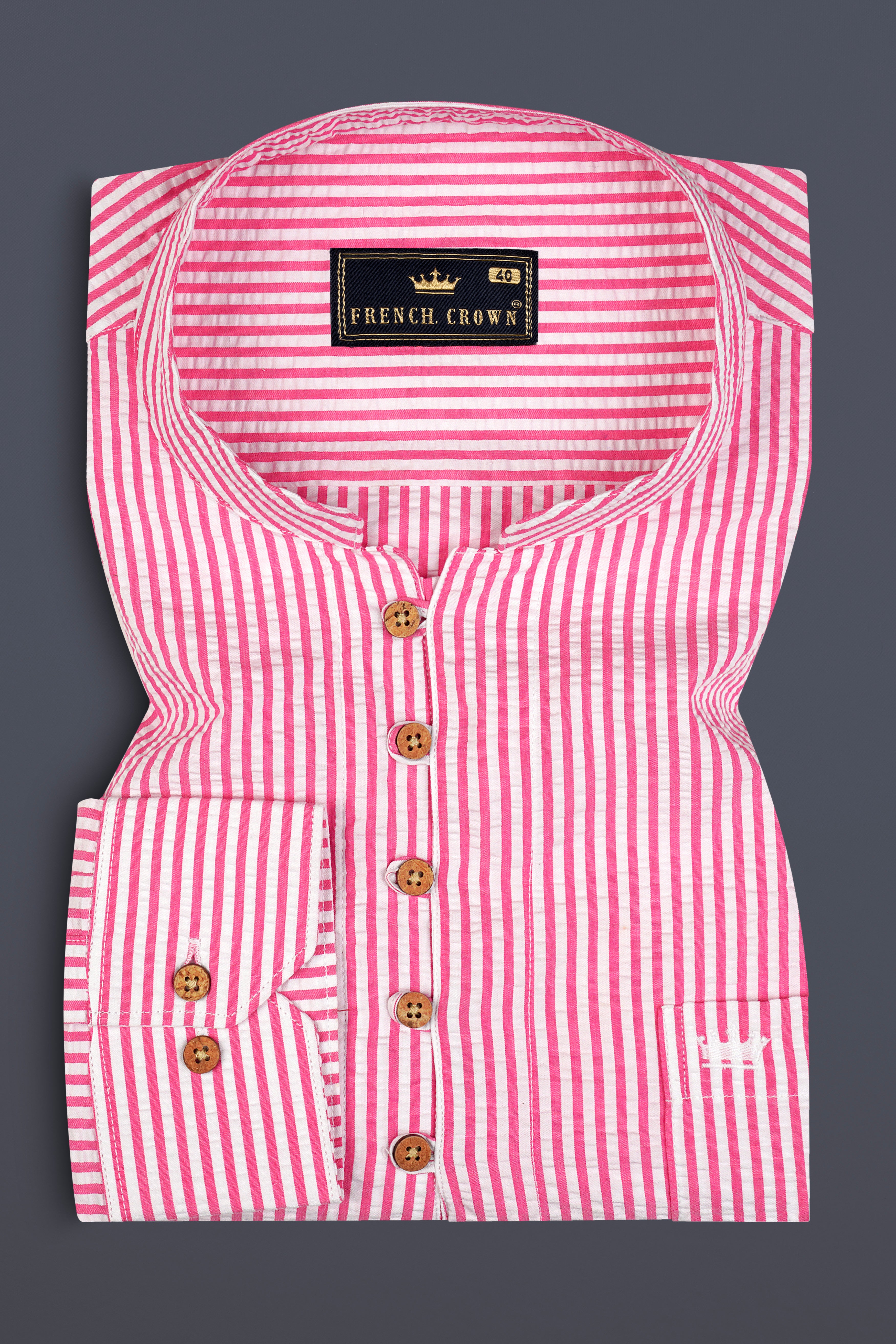 Raspberry Pink with Vista White Striped Seersucker Giza Cotton Kurta Shirt 12784-KS-38, 12784-KS-H-38, 12784-KS-39, 12784-KS-H-39, 12784-KS-40, 12784-KS-H-40, 12784-KS-42, 12784-KS-H-42, 12784-KS-44, 12784-KS-H-44, 12784-KS-46, 12784-KS-H-46, 12784-KS-48, 12784-KS-H-48, 12784-KS-50, 12784-KS-H-50, 12784-KS-52, 12784-KS-H-52