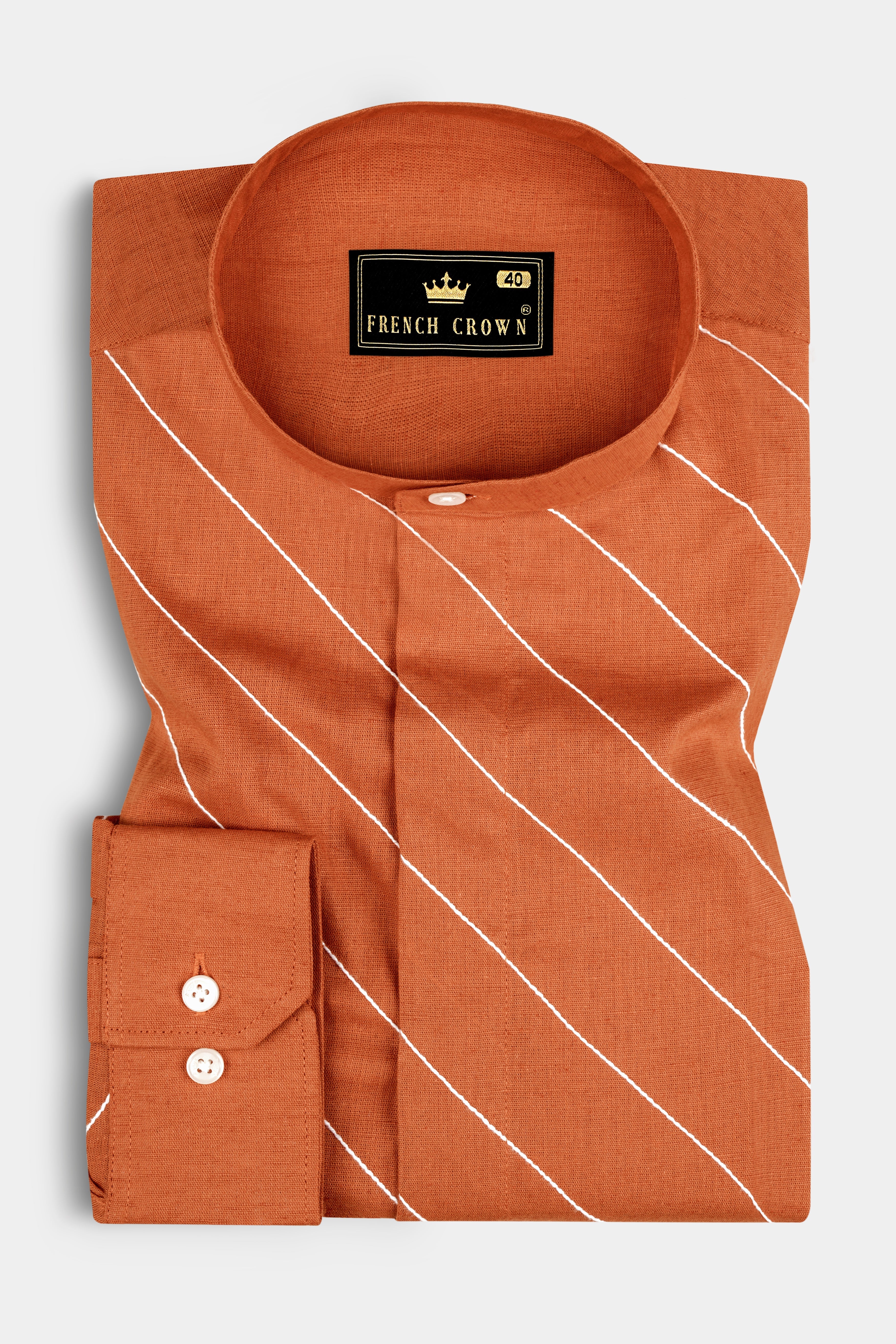 Sunrise Orange Cross Striped Luxurious Linen Shirt 12803-M-38, 12803-M-H-38, 12803-M-39, 12803-M-H-39, 12803-M-40, 12803-M-H-40, 12803-M-42, 12803-M-H-42, 12803-M-44, 12803-M-H-44, 12803-M-46, 12803-M-H-46, 12803-M-48, 12803-M-H-48, 12803-M-50, 12803-M-H-50, 12803-M-52, 12803-M-H-52