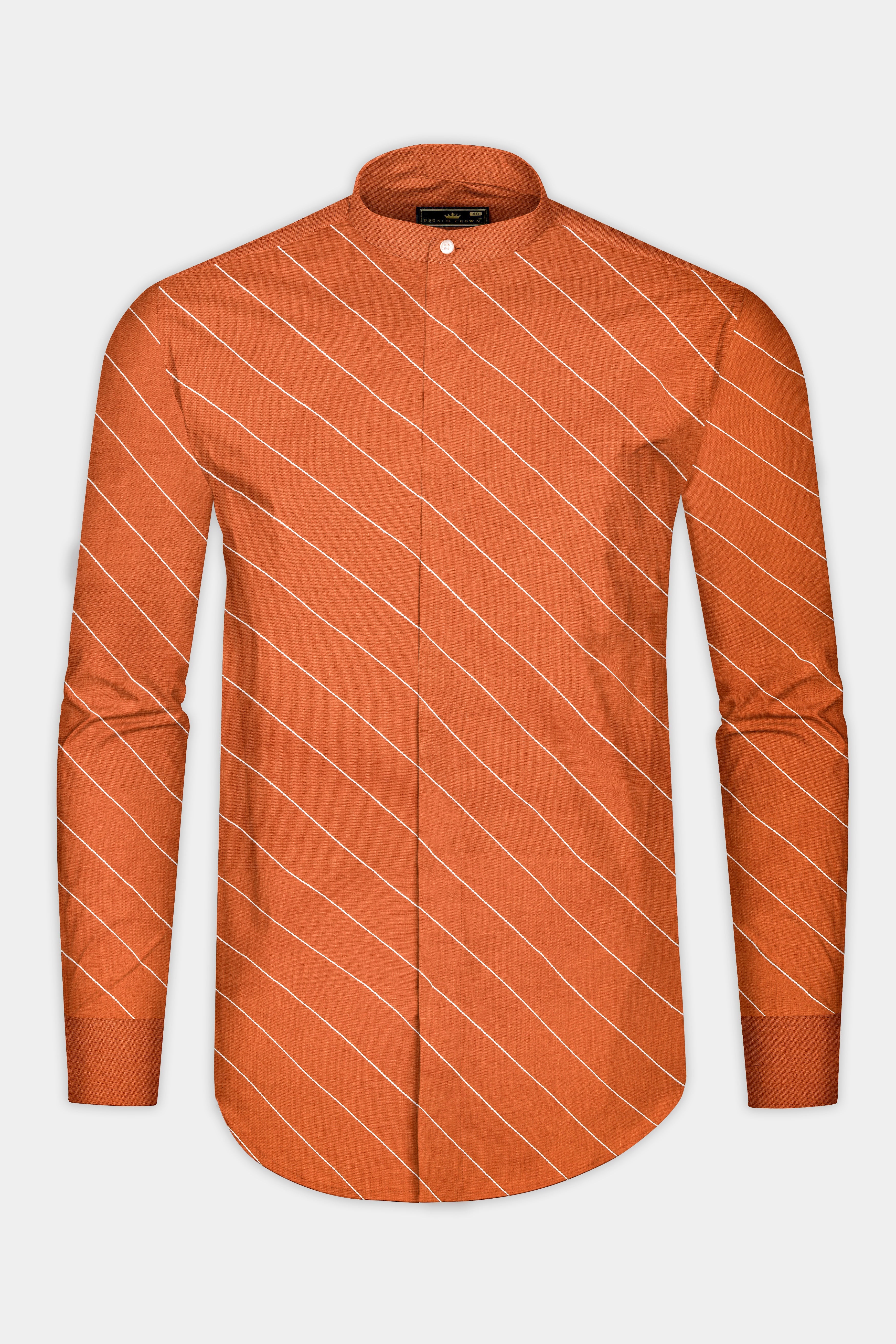 Sunrise Orange Cross Striped Luxurious Linen Shirt 12803-M-38, 12803-M-H-38, 12803-M-39, 12803-M-H-39, 12803-M-40, 12803-M-H-40, 12803-M-42, 12803-M-H-42, 12803-M-44, 12803-M-H-44, 12803-M-46, 12803-M-H-46, 12803-M-48, 12803-M-H-48, 12803-M-50, 12803-M-H-50, 12803-M-52, 12803-M-H-52