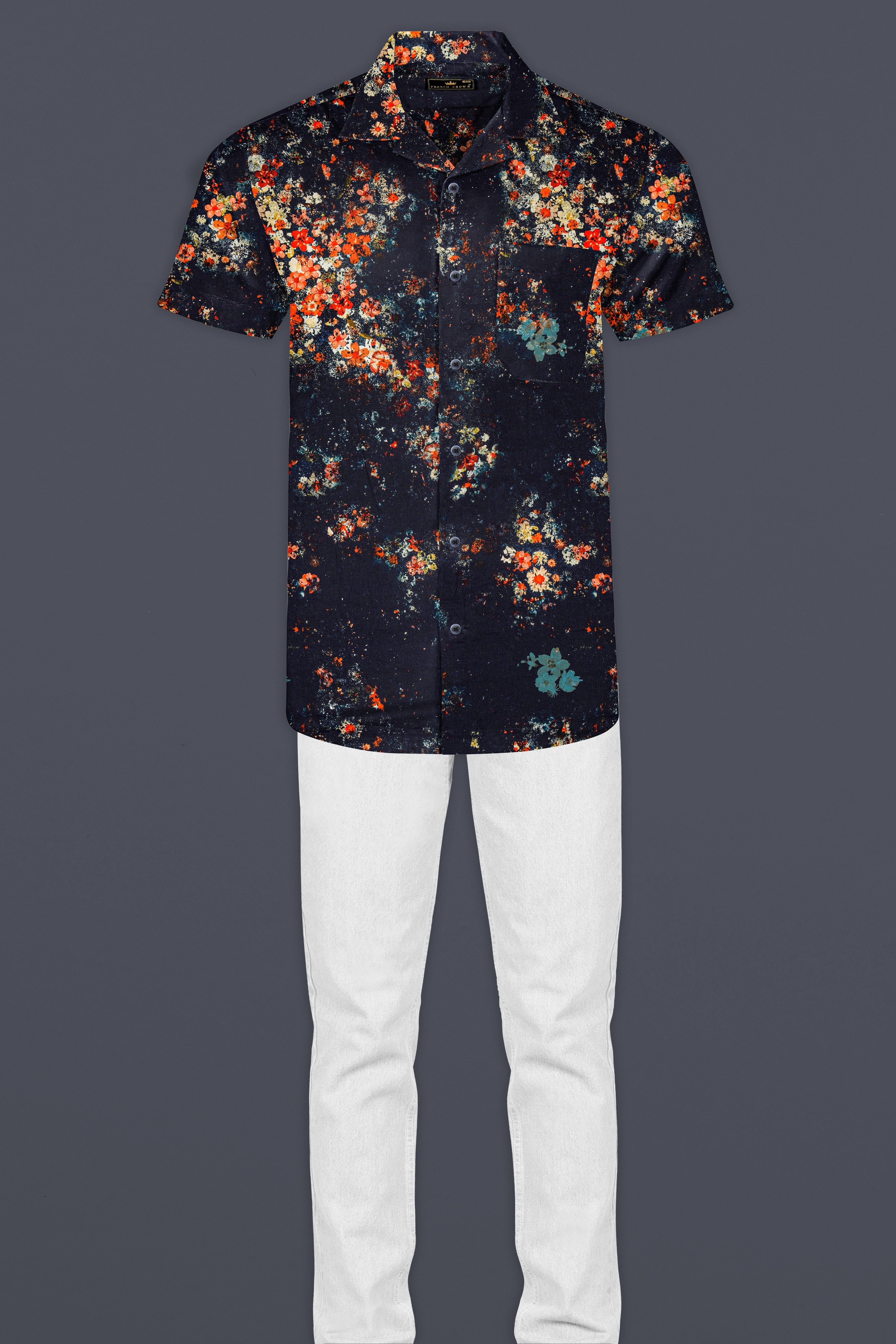 Bastille Blue With Tangerine Orange Digital Printed Super Soft Premium Cotton Shirt