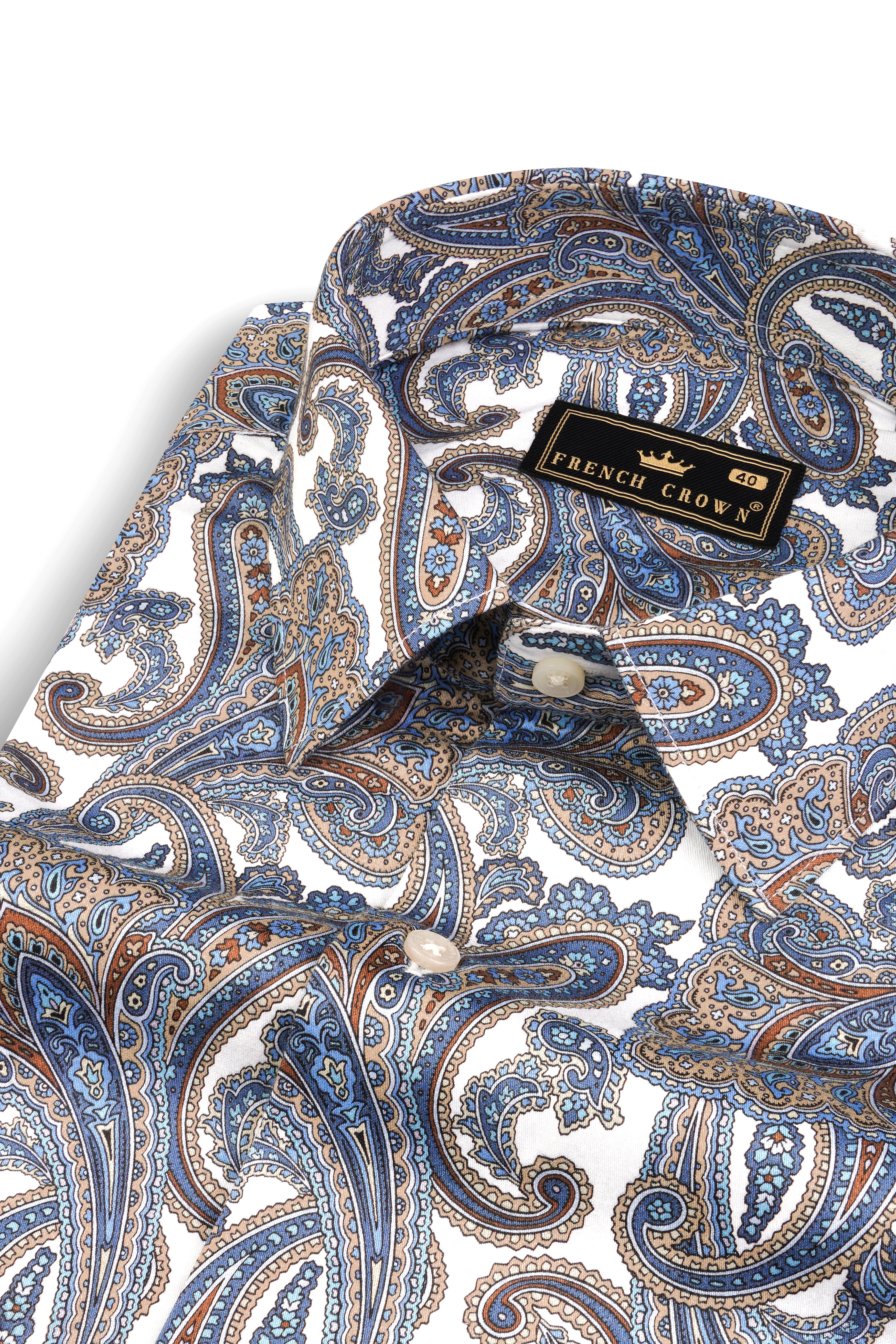 Bright White with Wild Blue and Almond Pink Paisleys Printed Super Soft Premium Cotton Shirt 12863-38, 12863-H-38, 12863-39, 12863-H-39, 12863-40, 12863-H-40, 12863-42, 12863-H-42, 12863-44, 12863-H-44, 12863-46, 12863-H-46, 12863-48, 12863-H-48, 12863-50, 12863-H-50, 12863-52, 12863-H-52