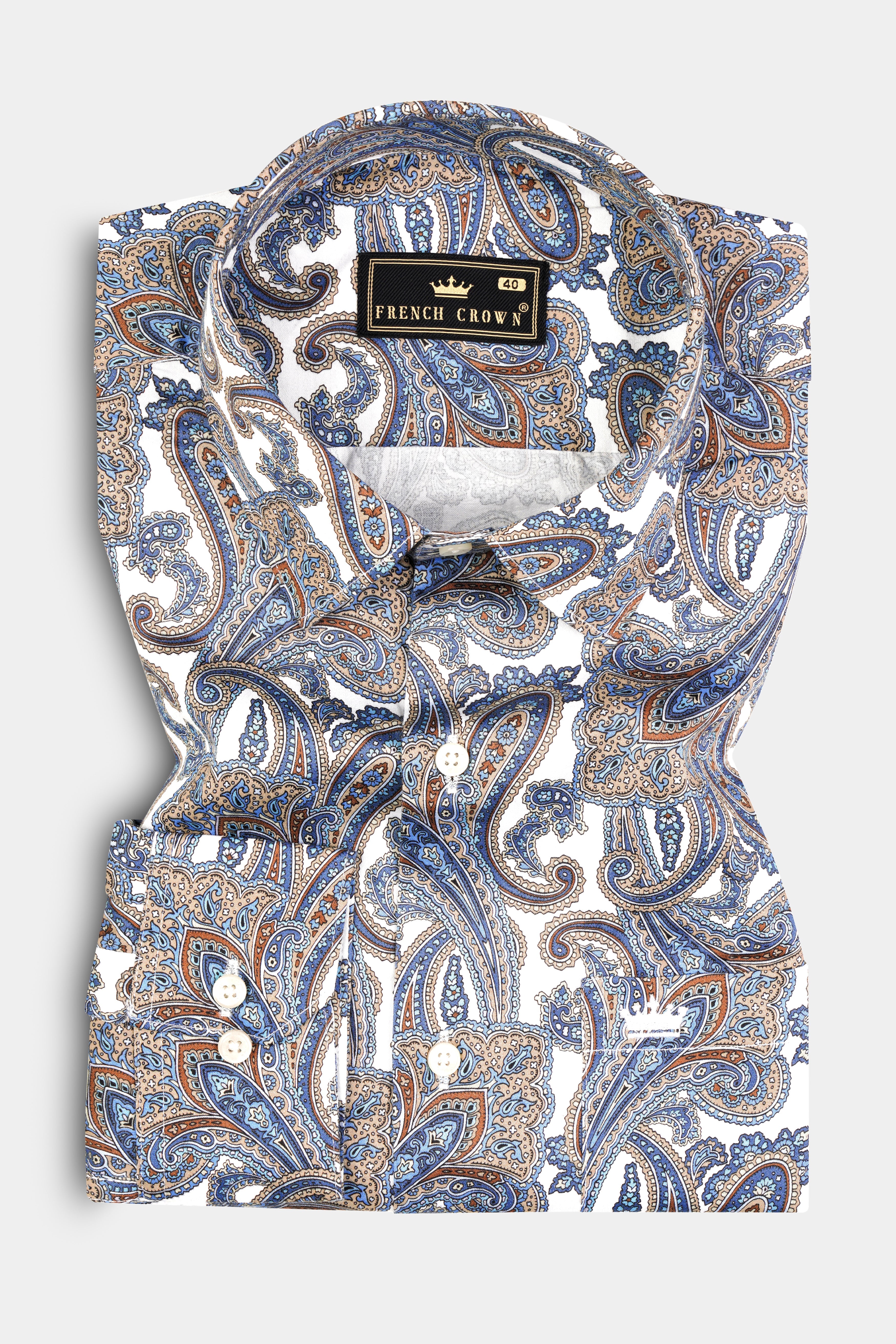 Bright White with Wild Blue and Almond Pink Paisleys Printed Super Soft Premium Cotton Shirt 12863-38, 12863-H-38, 12863-39, 12863-H-39, 12863-40, 12863-H-40, 12863-42, 12863-H-42, 12863-44, 12863-H-44, 12863-46, 12863-H-46, 12863-48, 12863-H-48, 12863-50, 12863-H-50, 12863-52, 12863-H-52