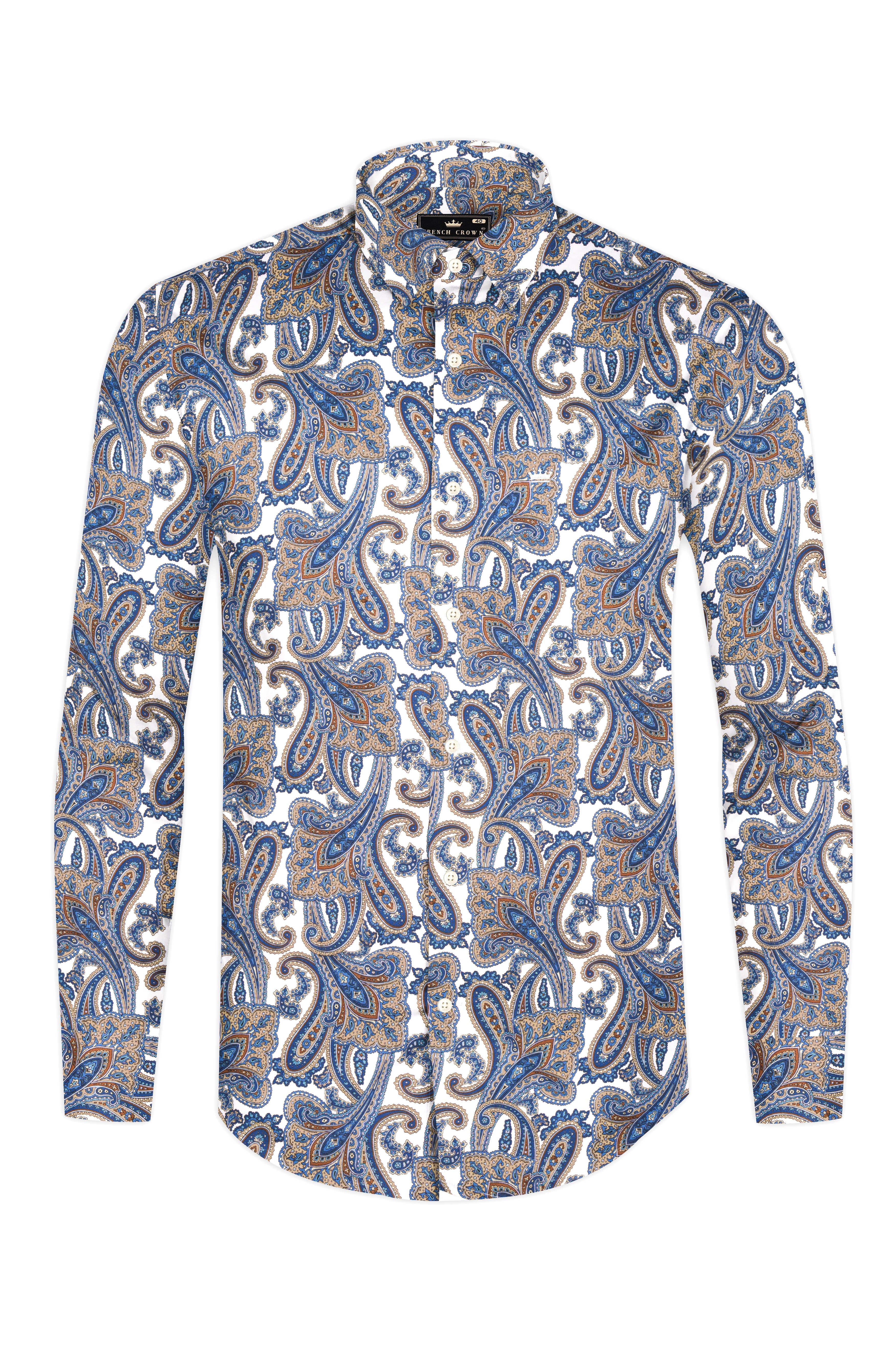 Bright White with Wild Blue and Almond Pink Paisleys Printed Super Soft Premium Cotton Shirt 12863-38, 12863-H-38, 12863-39, 12863-H-39, 12863-40, 12863-H-40, 12863-42, 12863-H-42, 12863-44, 12863-H-44, 12863-46, 12863-H-46, 12863-48, 12863-H-48, 12863-50, 12863-H-50, 12863-52, 12863-H-52
