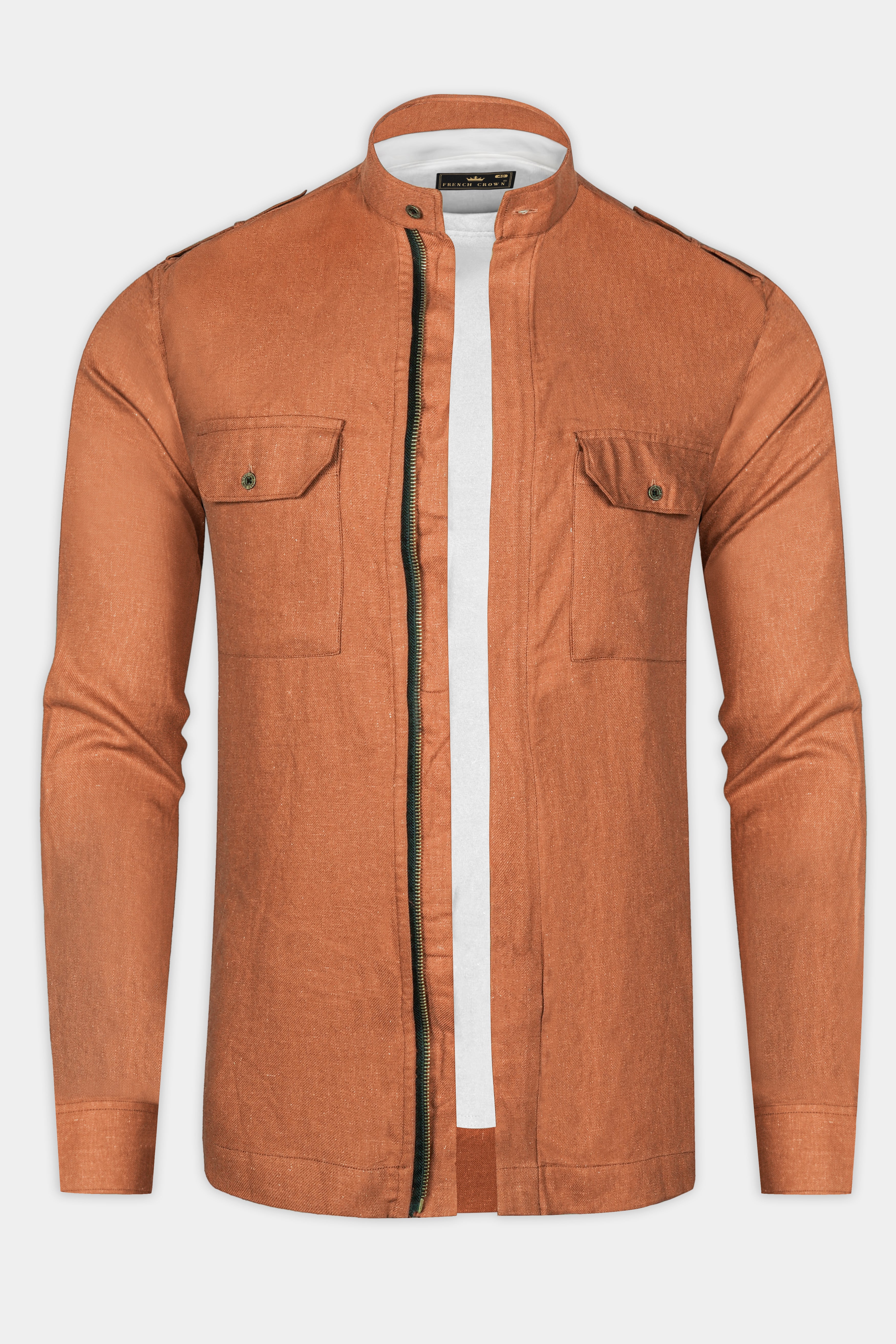 Sienna Orange Solid Textured Luxurious Linen Designer Overshirt/Shacket