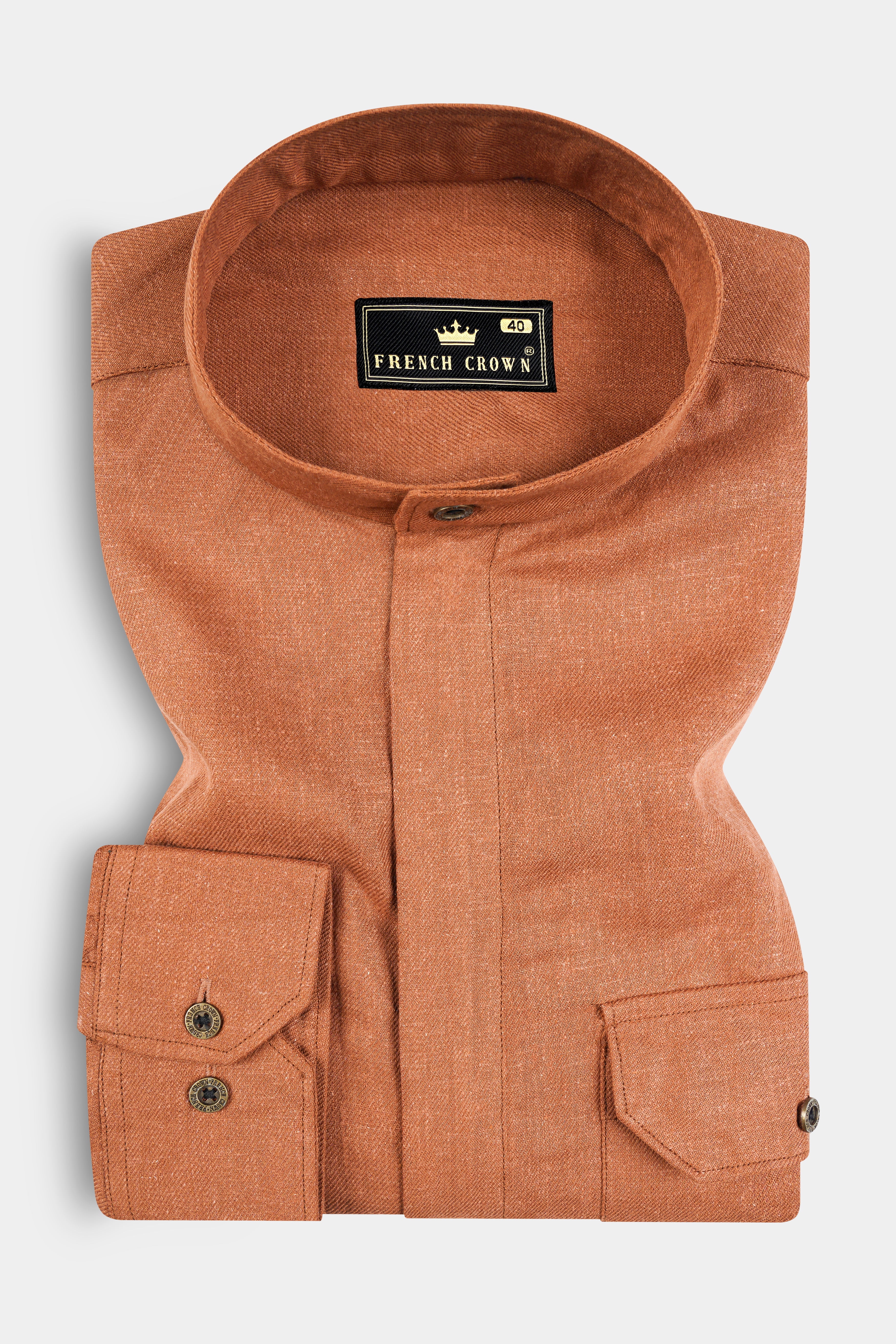 Sienna Orange Solid Textured Luxurious Linen Designer Overshirt/Shacket