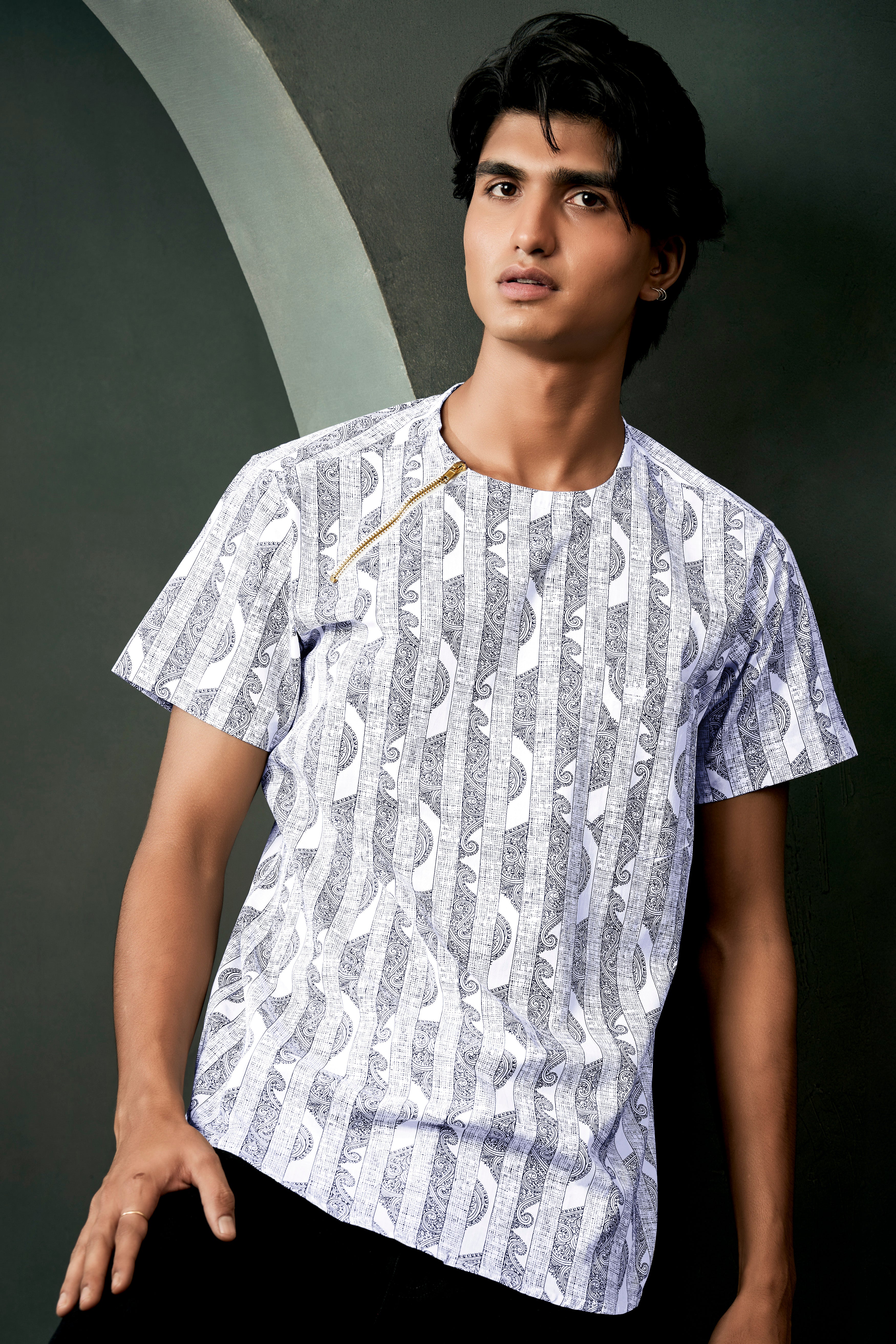 Vulcan Blue And Bright White Art Printed Luxurious Linen Designer Shirt