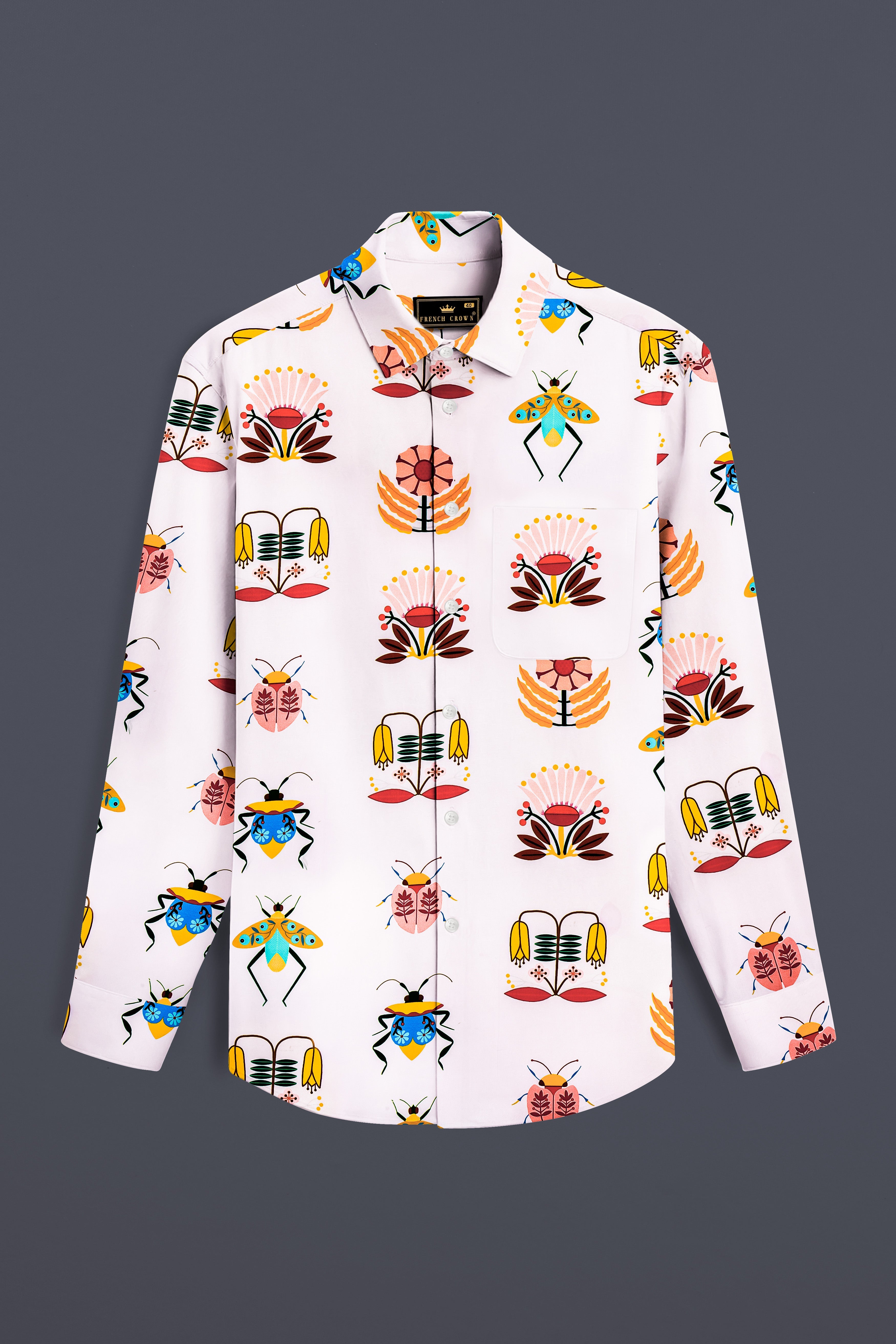 Mercury Cream And Sepia Brown Bugs and Flowers Printed Super Soft Premium Cotton Shirt 13230-38, 13230-H-38, 13230-39, 13230-H-39, 13230-40, 13230-H-40, 13230-42, 13230-H-42, 13230-44, 13230-H-44, 13230-46, 13230-H-46, 13230-48, 13230-H-48, 13230-50, 13230-H-50, 13230-52, 13230-H-52