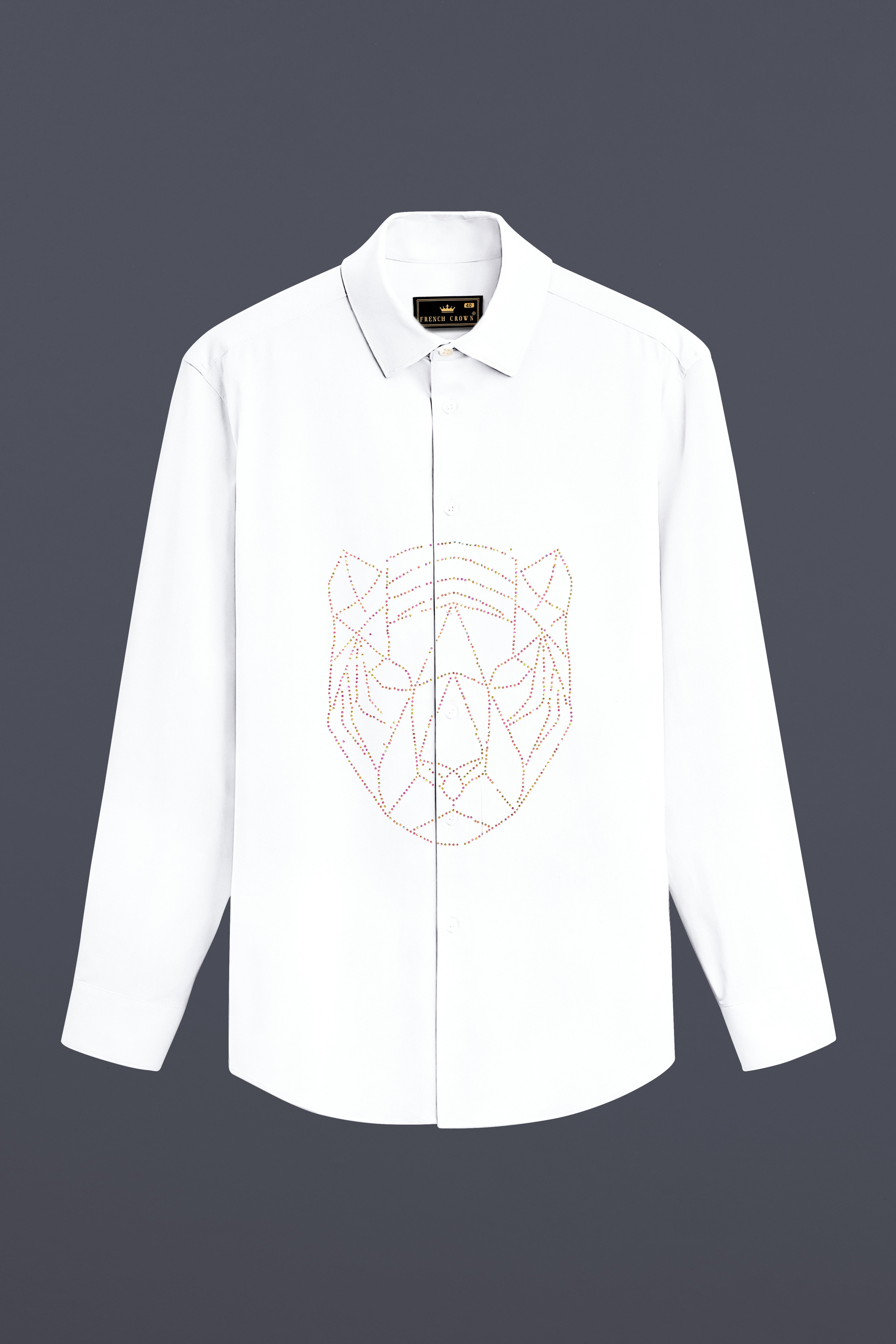 Ivory Safari-Bright White Leopard Hot Fix Oxford Premium Cotton Casual Designer Shirt 13325-NP-P589-38, 13325-NP-P589-H-38, 13325-NP-P589-39, 13325-NP-P589-H-39, 13325-NP-P589-40, 13325-NP-P589-H-40, 13325-NP-P589-42, 13325-NP-P589-H-42, 13325-NP-P589-44, 13325-NP-P589-H-44, 13325-NP-P589-46, 13325-NP-P589-H-46, 13325-NP-P589-48, 13325-NP-P589-H-48, 13325-NP-P589-50, 13325-NP-P589-H-50, 13325-NP-P589-52, 13325-NP-P589-H-52