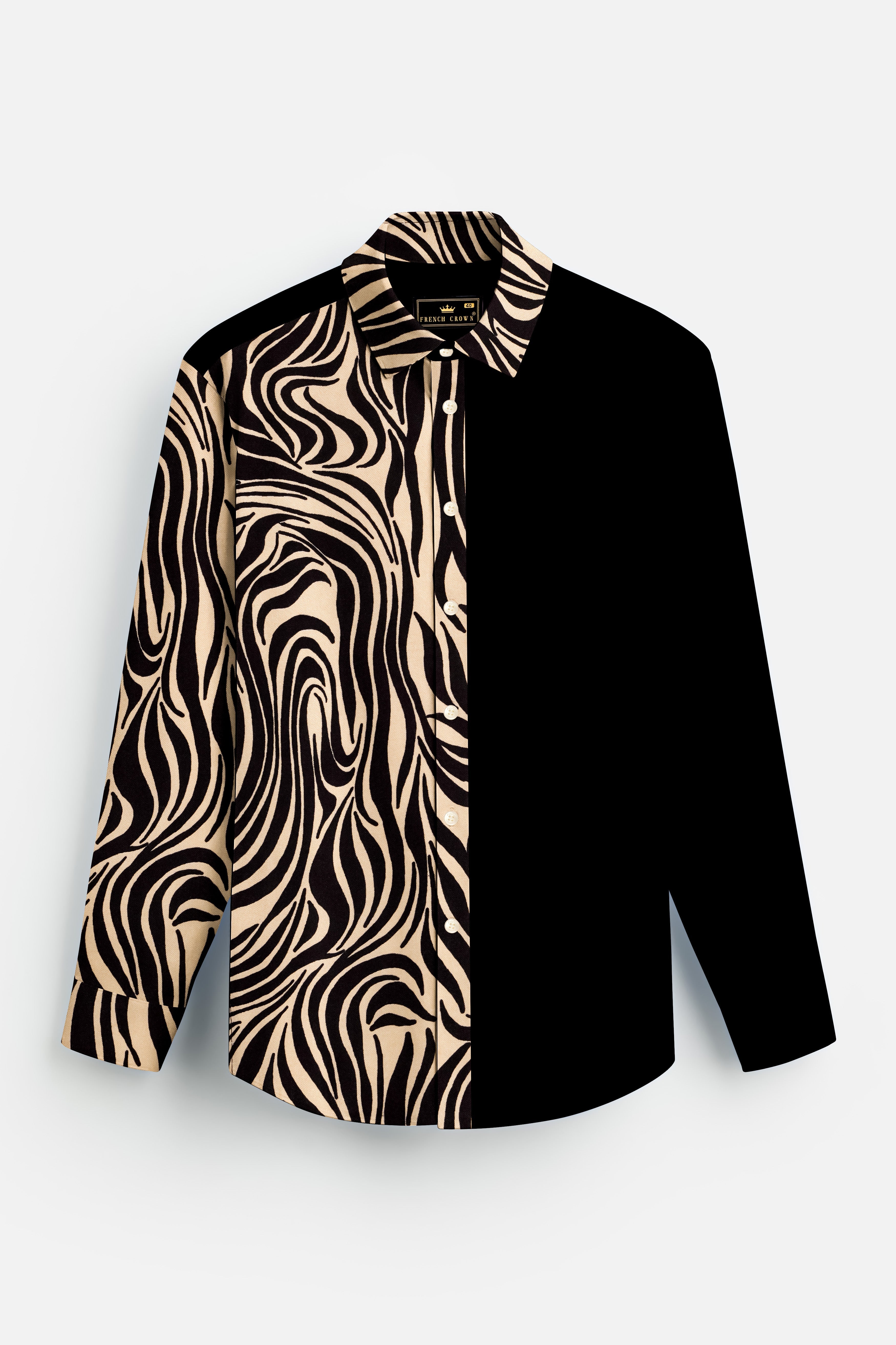 Safari Noir-Half Animal Printed And Jade Black Solid Subtle Sheen Super Soft Premium Cotton Casual Designers Shirt 13328-D5-38, 13328-D5-H-38, 13328-D5-39, 13328-D5-H-39, 13328-D5-40, 13328-D5-H-40, 13328-D5-42, 13328-D5-H-42, 13328-D5-44, 13328-D5-H-44, 13328-D5-46, 13328-D5-H-46, 13328-D5-48, 13328-D5-H-48, 13328-D5-50, 13328-D5-H-50, 13328-D5-52, 13328-D5-H-52