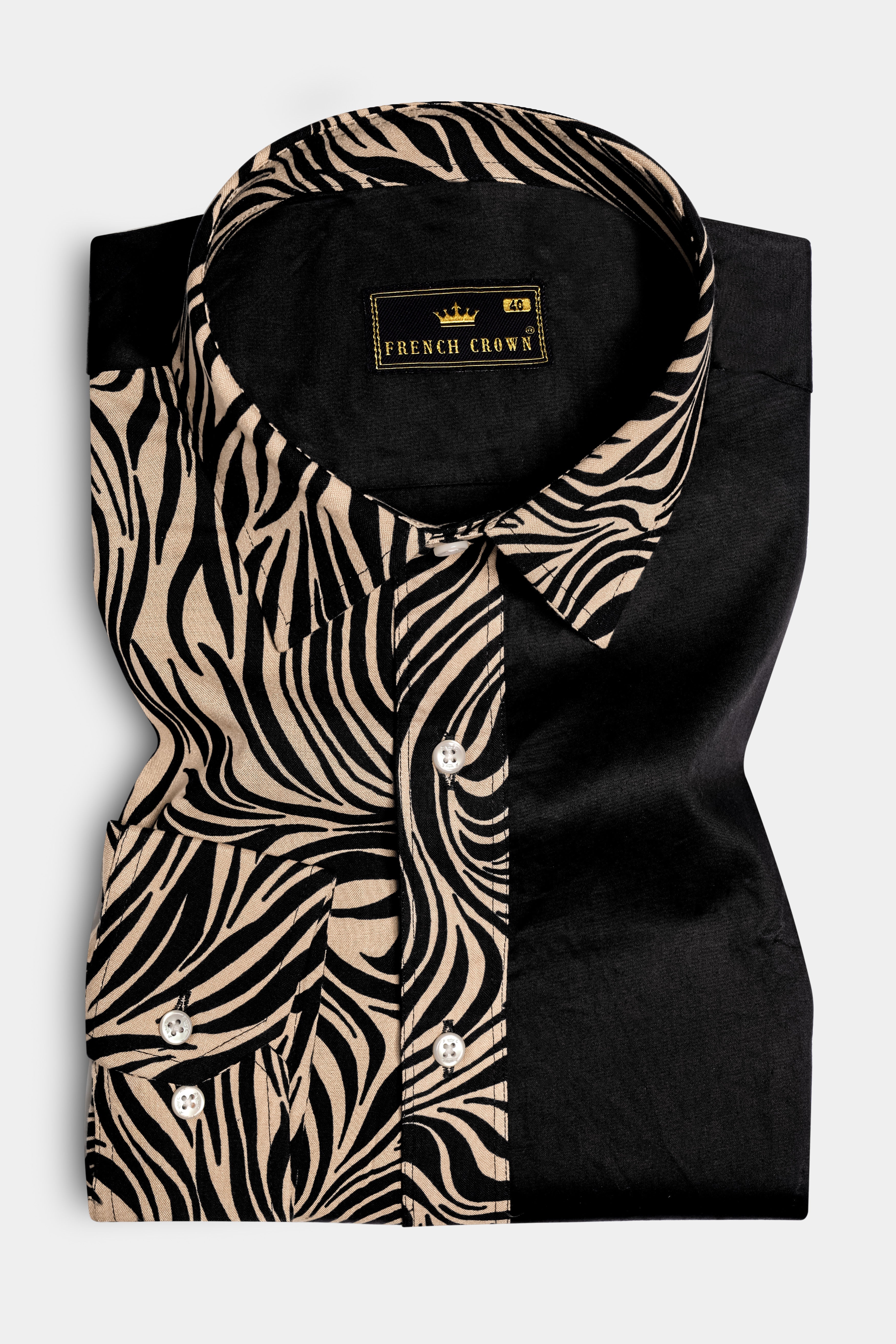 Safari Noir-Half Animal Printed And Jade Black Solid Subtle Sheen Super Soft Premium Cotton Casual Designers Shirt 13328-D5-38, 13328-D5-H-38, 13328-D5-39, 13328-D5-H-39, 13328-D5-40, 13328-D5-H-40, 13328-D5-42, 13328-D5-H-42, 13328-D5-44, 13328-D5-H-44, 13328-D5-46, 13328-D5-H-46, 13328-D5-48, 13328-D5-H-48, 13328-D5-50, 13328-D5-H-50, 13328-D5-52, 13328-D5-H-52