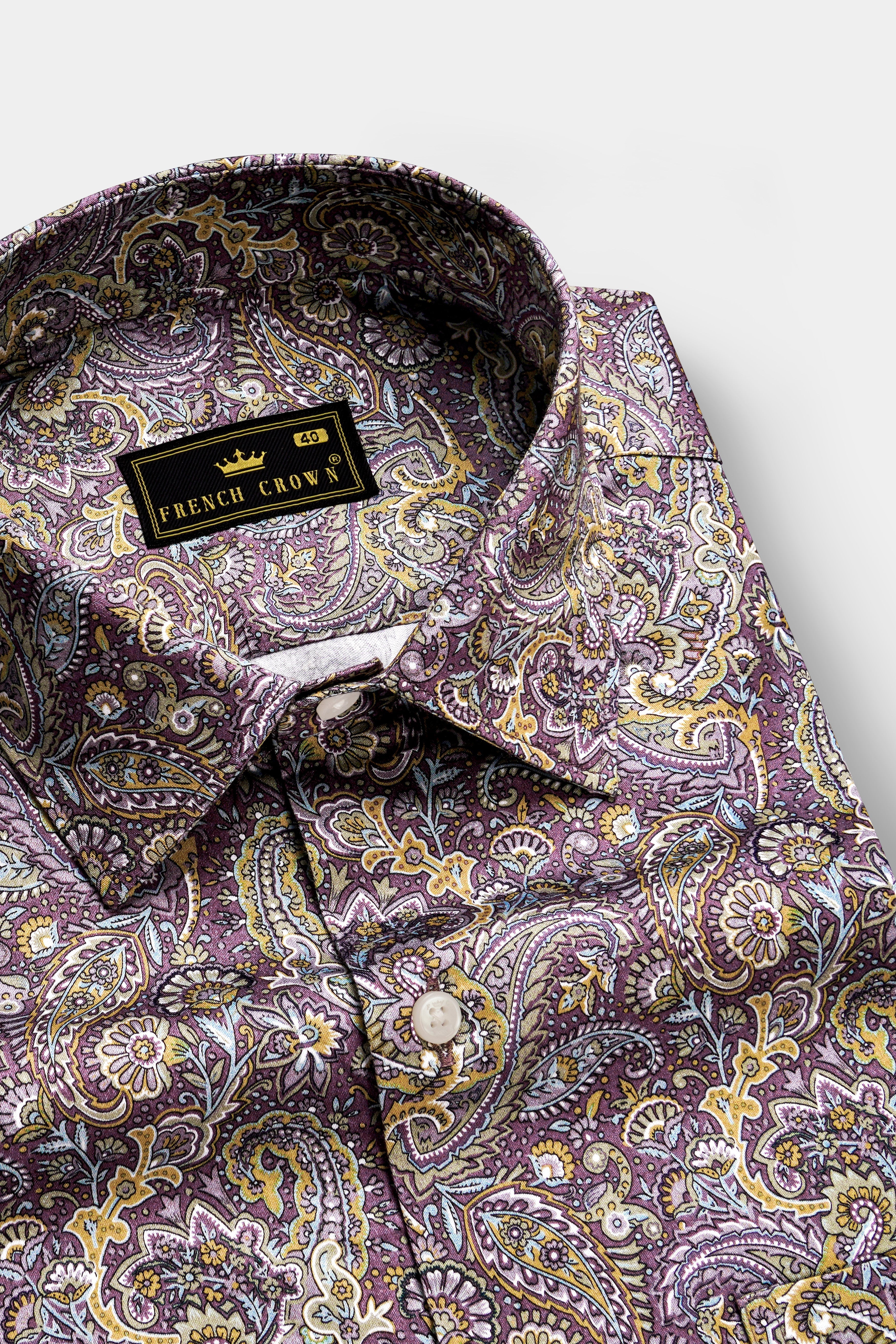 SiennaOrchid-Viola Purple And Desert Yellow Multi Color Paisley Printed Subtle Sheen Super Soft Premium Cotton Dress Shirt 13338-38, 13338-H-38, 13338-39, 13338-H-39, 13338-40, 13338-H-40, 13338-42, 13338-H-42, 13338-44, 13338-H-44, 13338-46, 13338-H-46, 13338-48, 13338-H-48, 13338-50, 13338-H-50, 13338-52, 13338-H-52