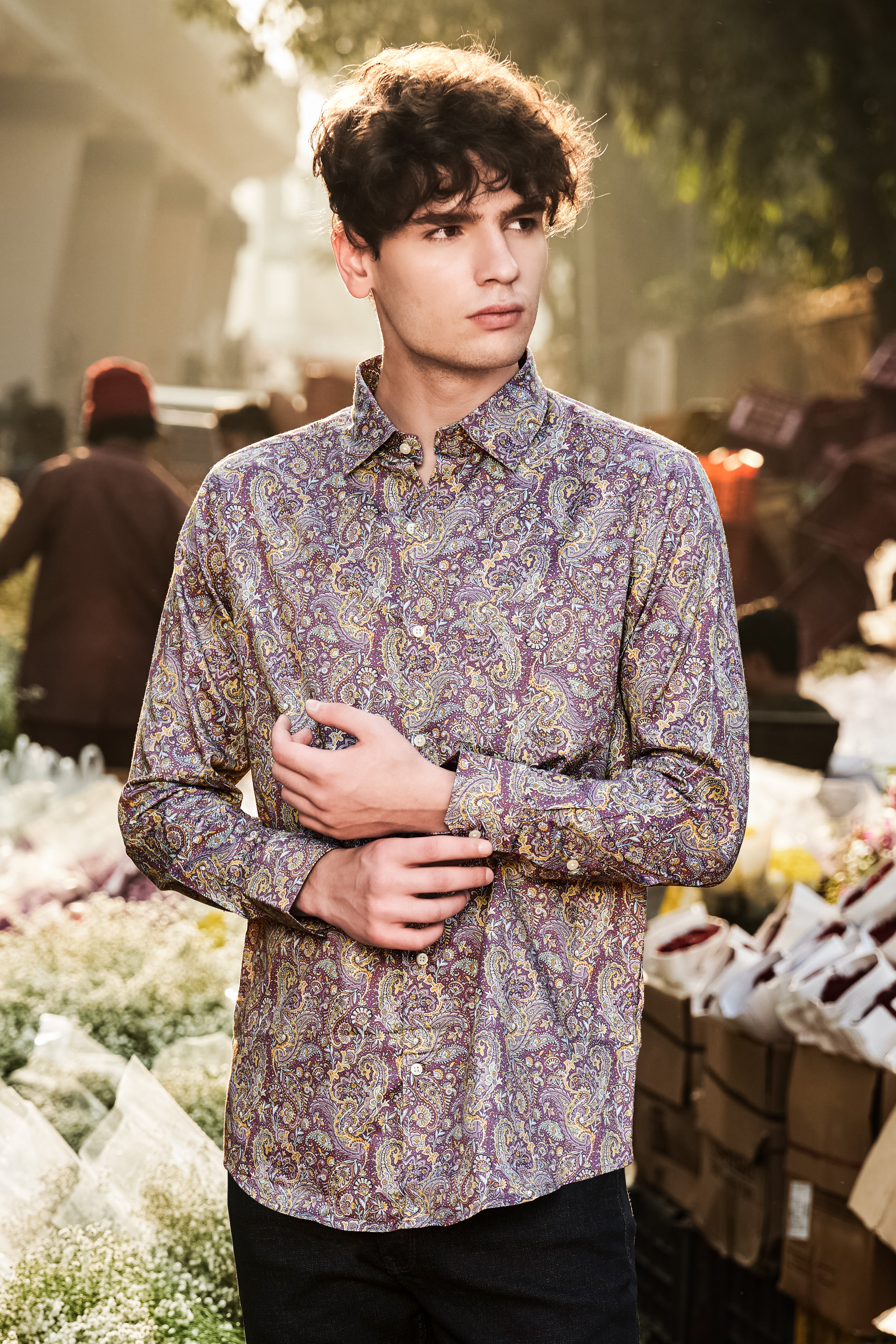 SiennaOrchid-Viola Purple And Desert Yellow Multi Color Paisley Printed Subtle Sheen Super Soft Premium Cotton Dress Shirt 13338-38, 13338-H-38, 13338-39, 13338-H-39, 13338-40, 13338-H-40, 13338-42, 13338-H-42, 13338-44, 13338-H-44, 13338-46, 13338-H-46, 13338-48, 13338-H-48, 13338-50, 13338-H-50, 13338-52, 13338-H-52