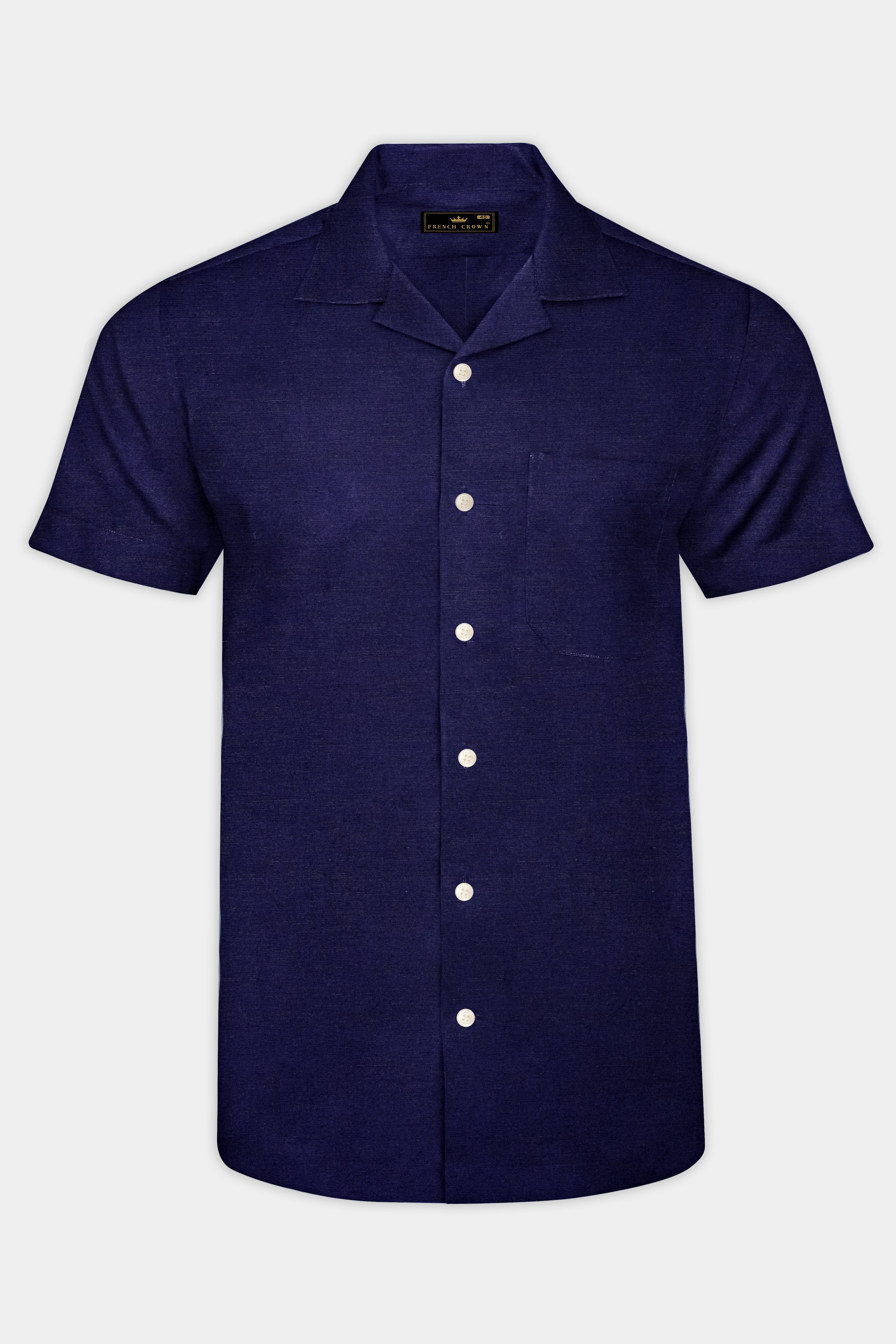 Midnight-Meteorite Blue Solid Luxurious Linen Casual Shirt
