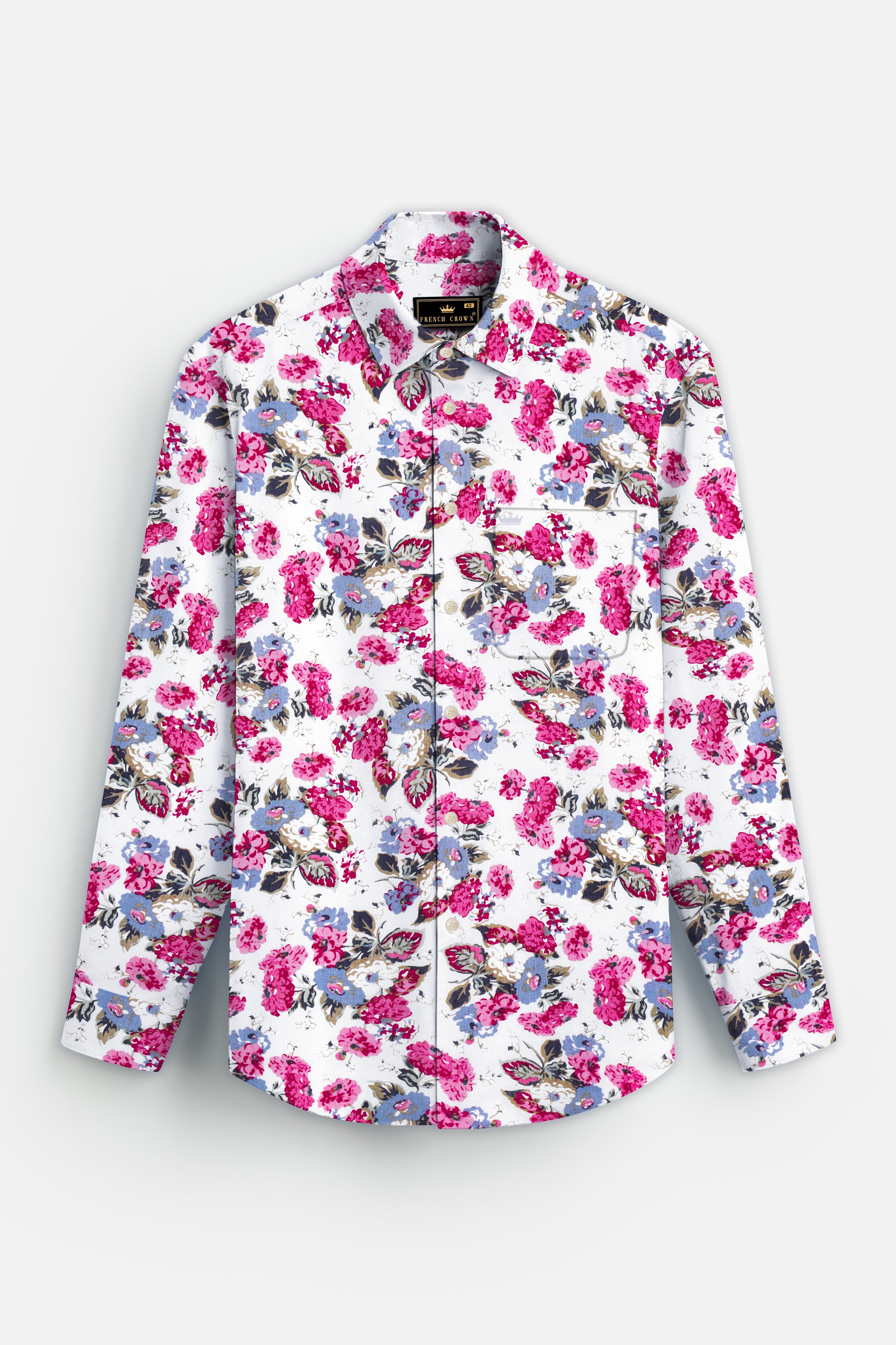 RoseWhimsy-Merino White and Cardinal Pink Floral Printed Lightweight Premium Cotton Shirt 13499-38, 13499-H-38, 13499-39, 13499-H-39, 13499-40, 13499-H-40, 13499-42, 13499-H-42, 13499-44, 13499-H-44, 13499-46, 13499-H-46, 13499-48, 13499-H-48, 13499-50, 13499-H-50, 13499-52, 13499-H-52