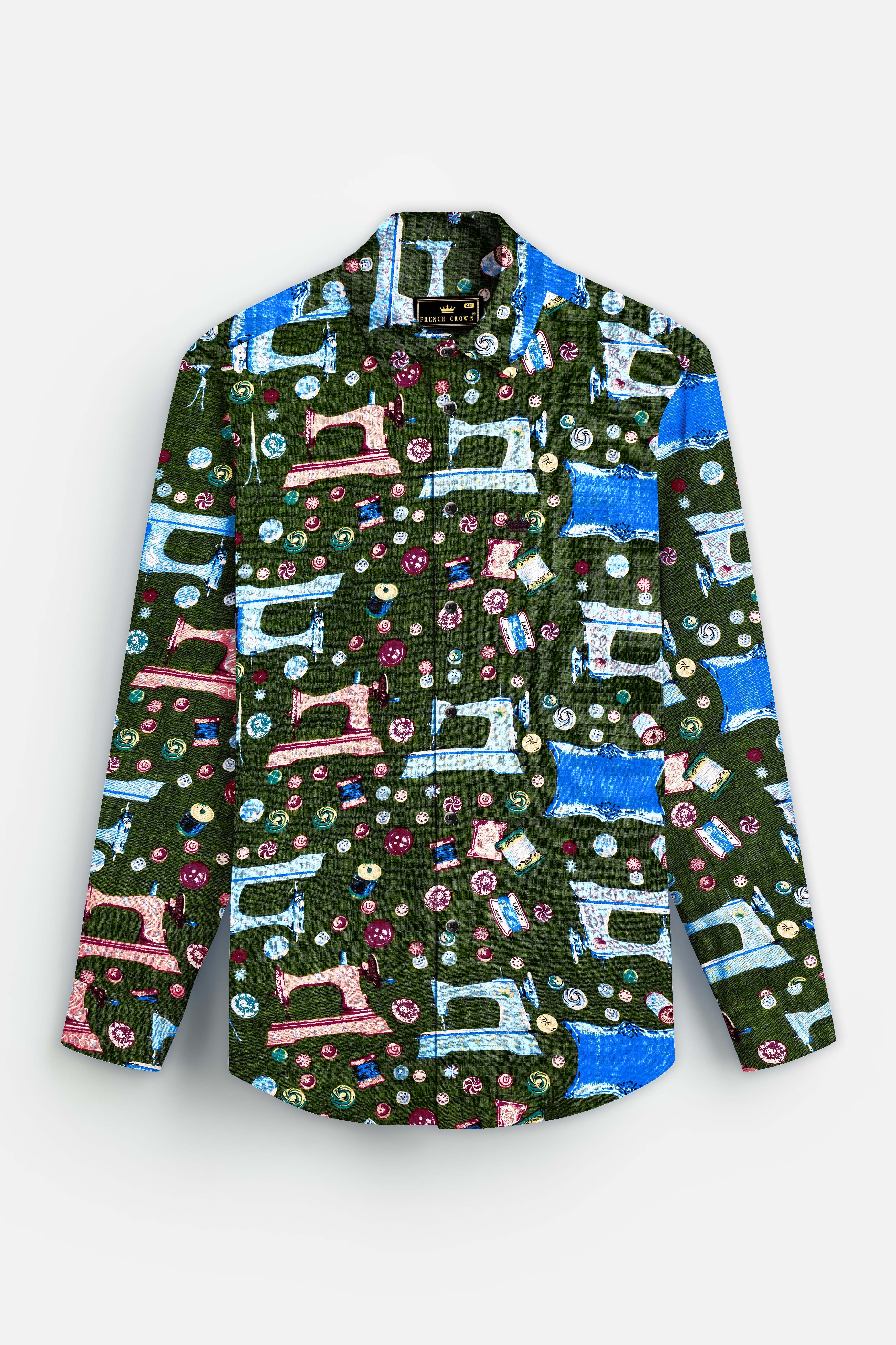 SewVivid-Myrtle Green and Lochmara Blue Sewing Machine Printed Lightweight Premium Cotton Casual Shirt