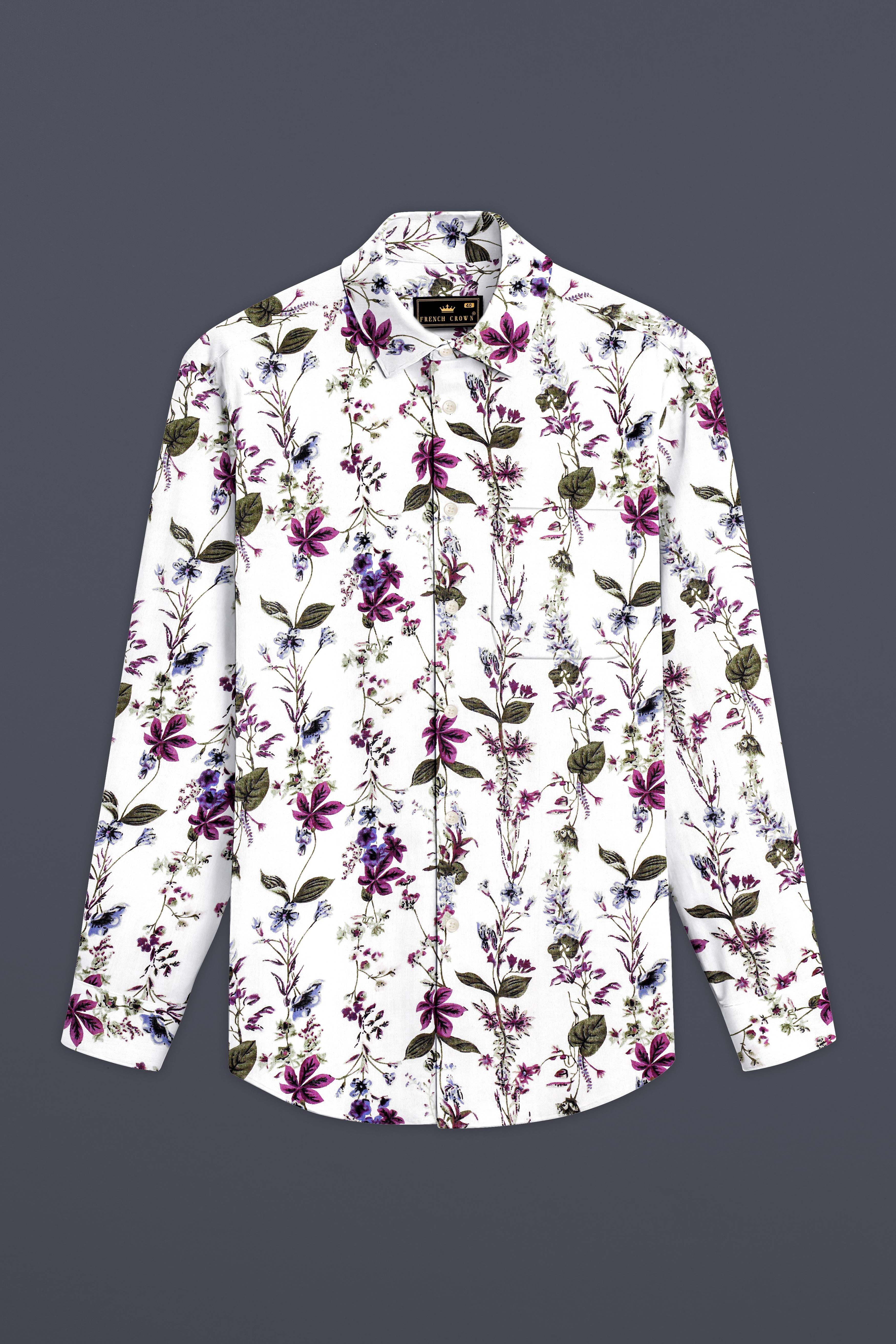 Ivory Flora-Bright White with Viola Pink and Shadow Green Ditsy Printed Lightweight Premium Cotton Shirt 13509-38, 13509-H-38, 13509-39, 13509-H-39, 13509-40, 13509-H-40, 13509-42, 13509-H-42, 13509-44, 13509-H-44, 13509-46, 13509-H-46, 13509-48, 13509-H-48, 13509-50, 13509-H-50, 13509-38-52, 13509-H-52
