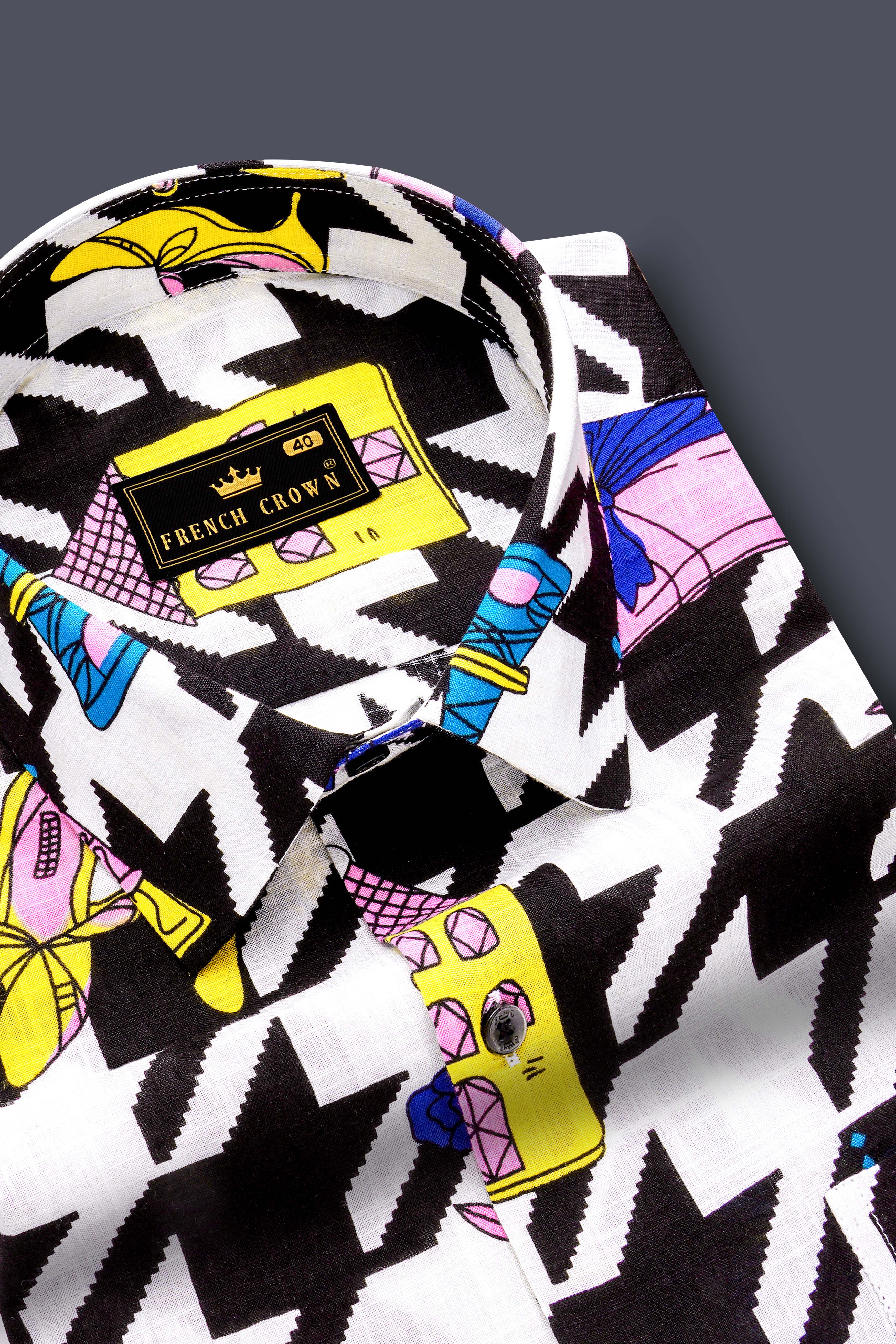 Lilac Thread-Black & White with Lavender Pink Herringbone Printed Lightweight Premium Cotton Multicolor Casual Shirt