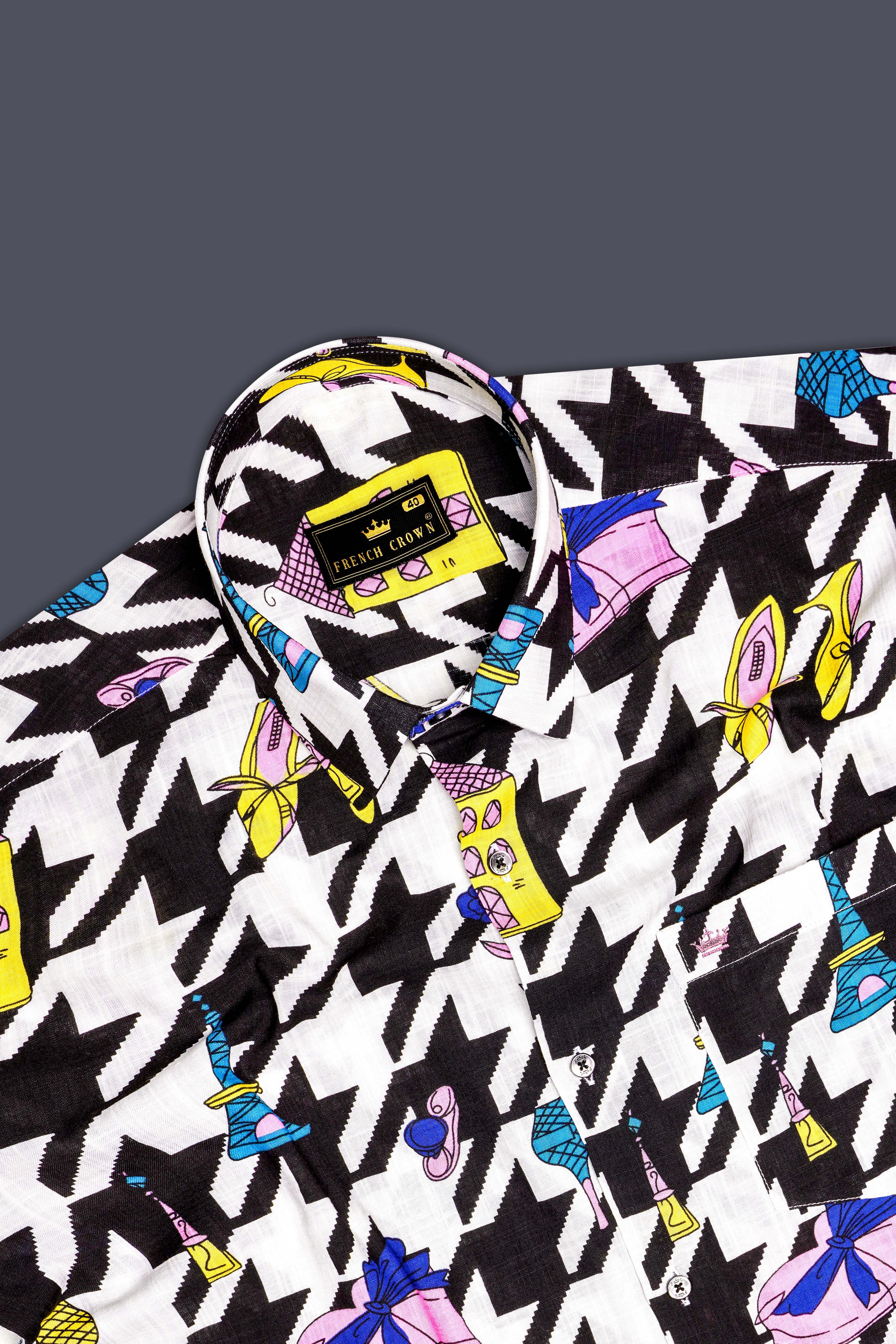 Lilac Thread-Black & White with Lavender Pink Herringbone Printed Lightweight Premium Cotton Multicolor Casual Shirt