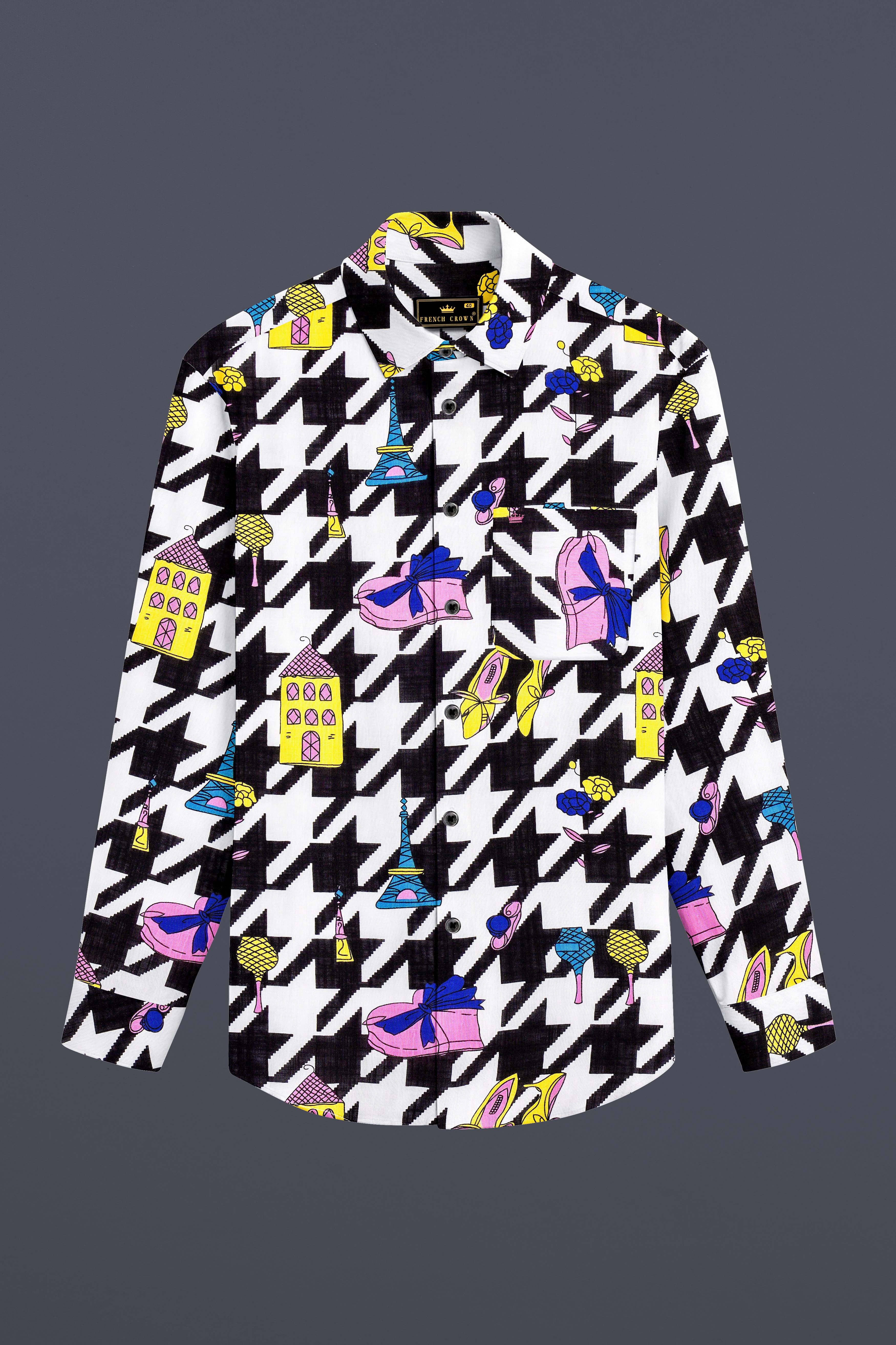 Lilac Thread-Black & White with Lavender Pink Herringbone Printed Lightweight Premium Cotton Multicolor Casual Shirt