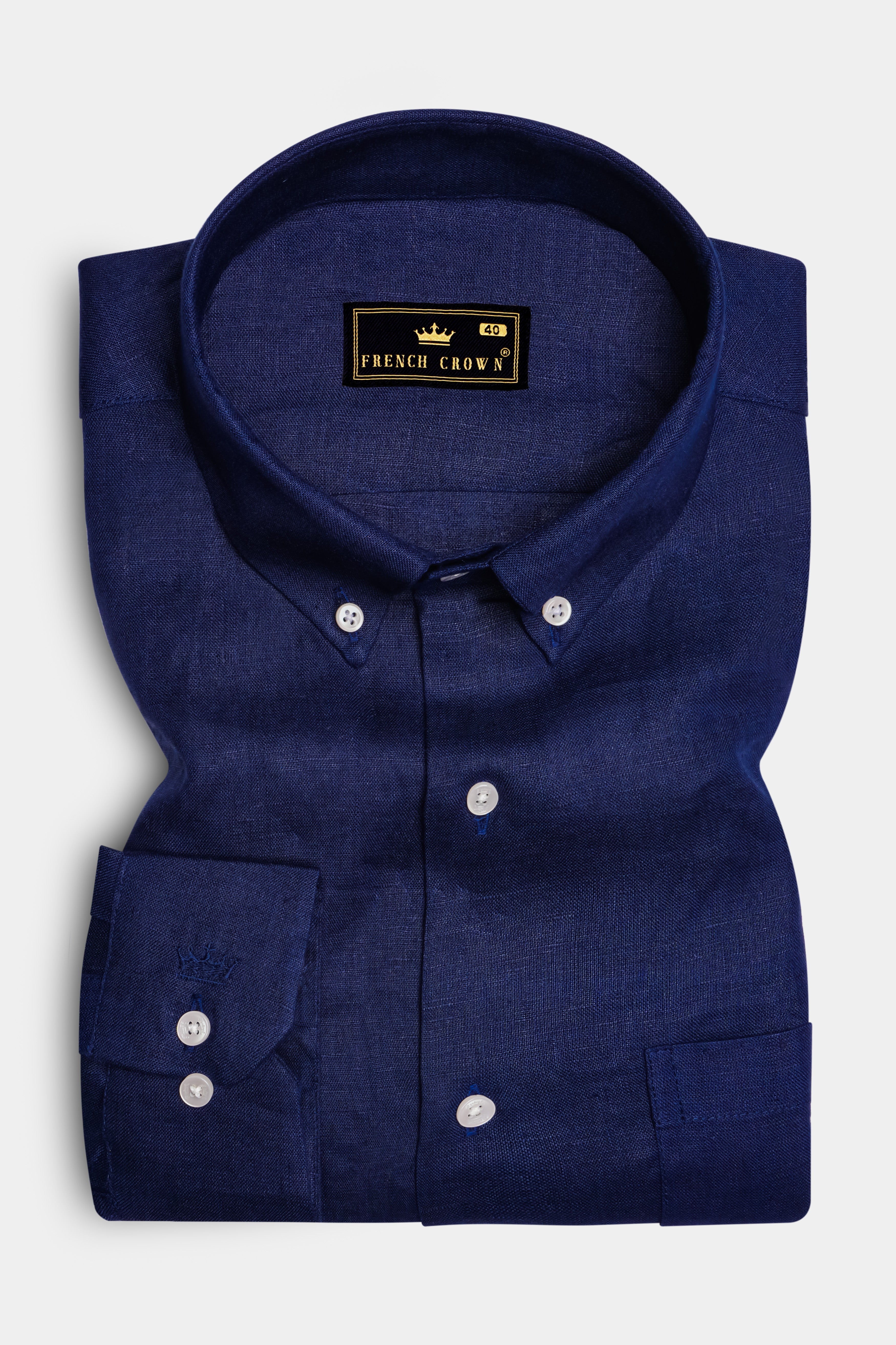 Coastal Charm-Azure Blue Solid Luxurious Linen Dress Shirt