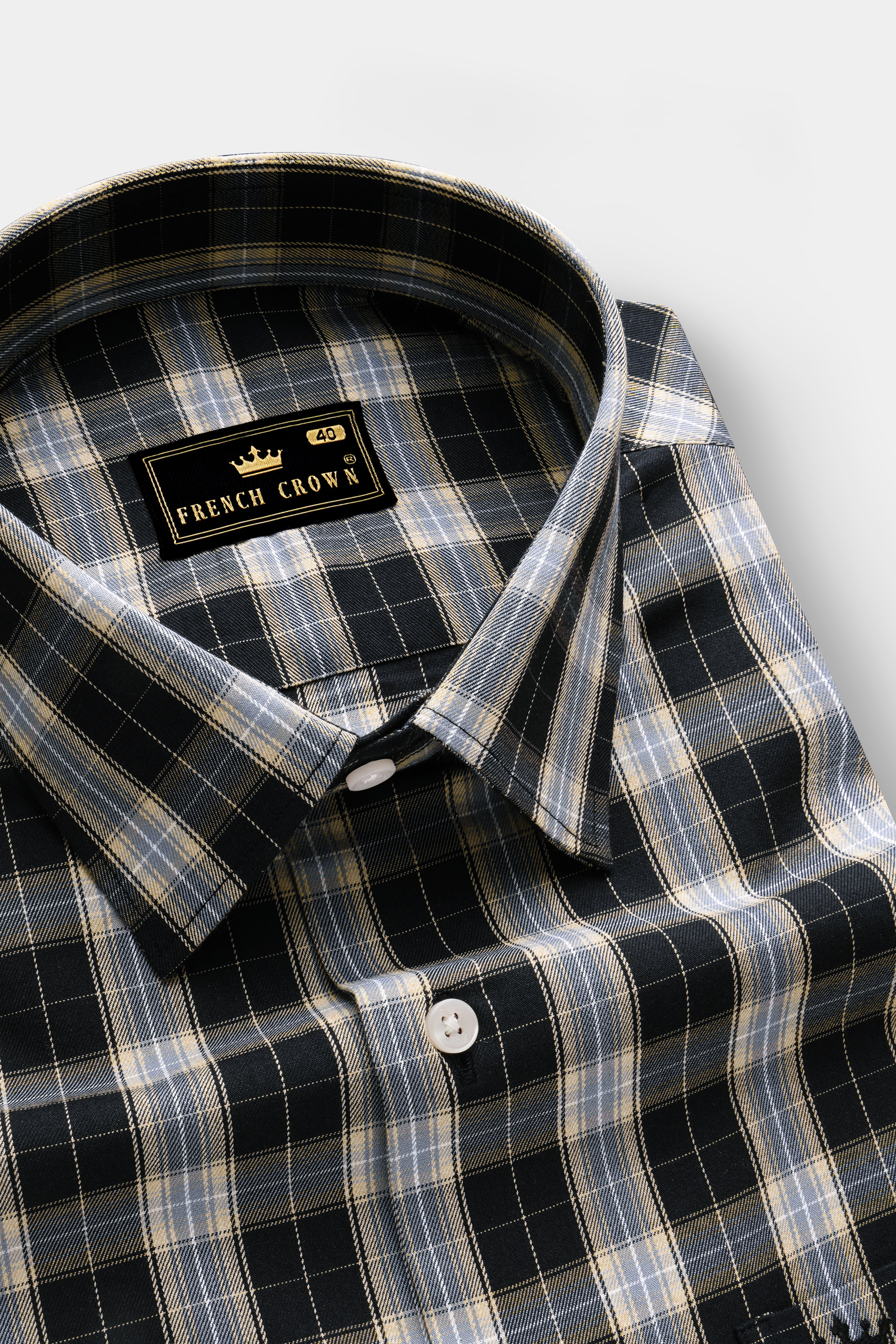 Glacier-Cinder Black And Wafer Cream Plaid Twill Premium Cotton Semi Formal Shirt