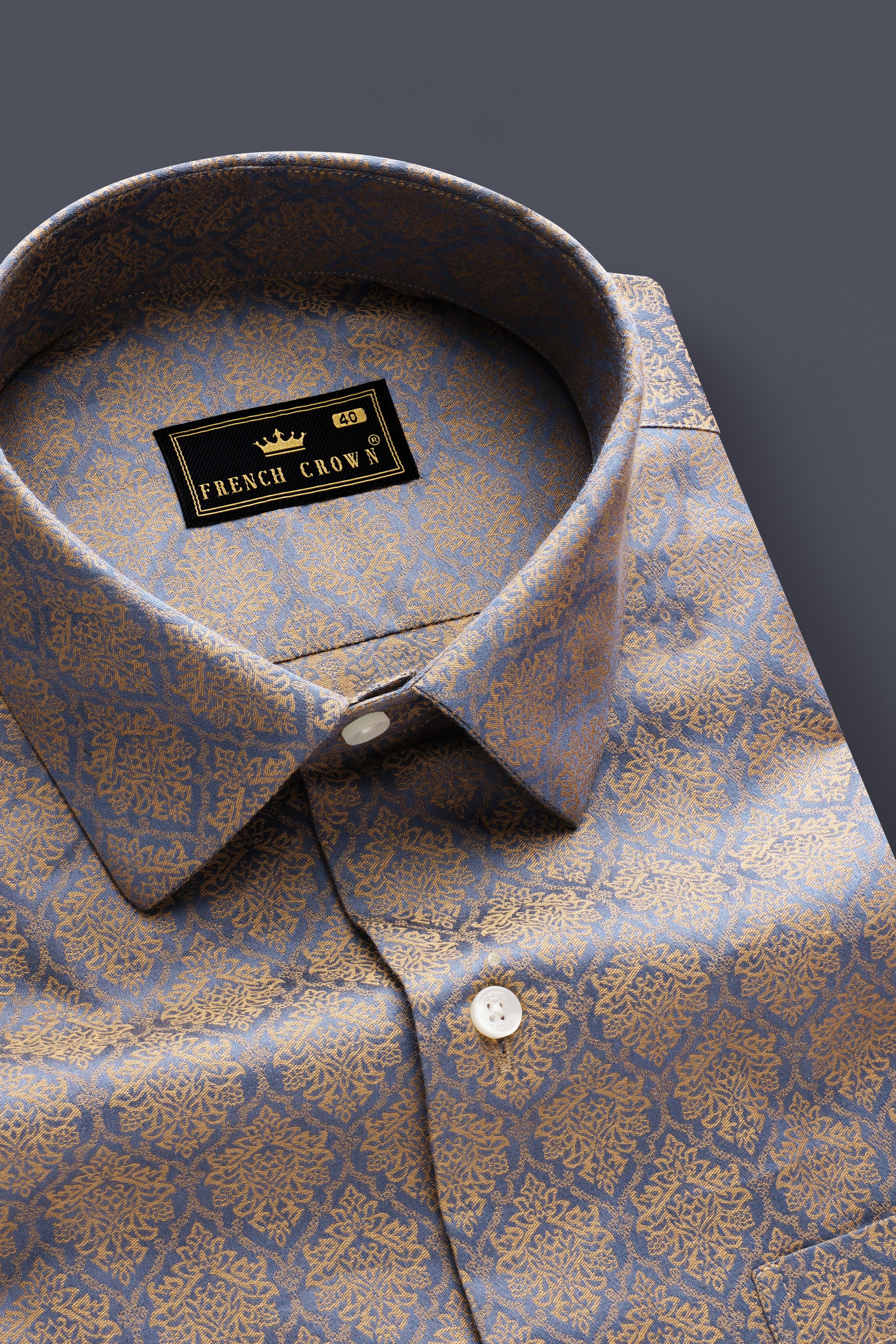 Rustic Charm-Makara Brown Damask Printed Jacquard Textured Premium Cotton Dress Shirt