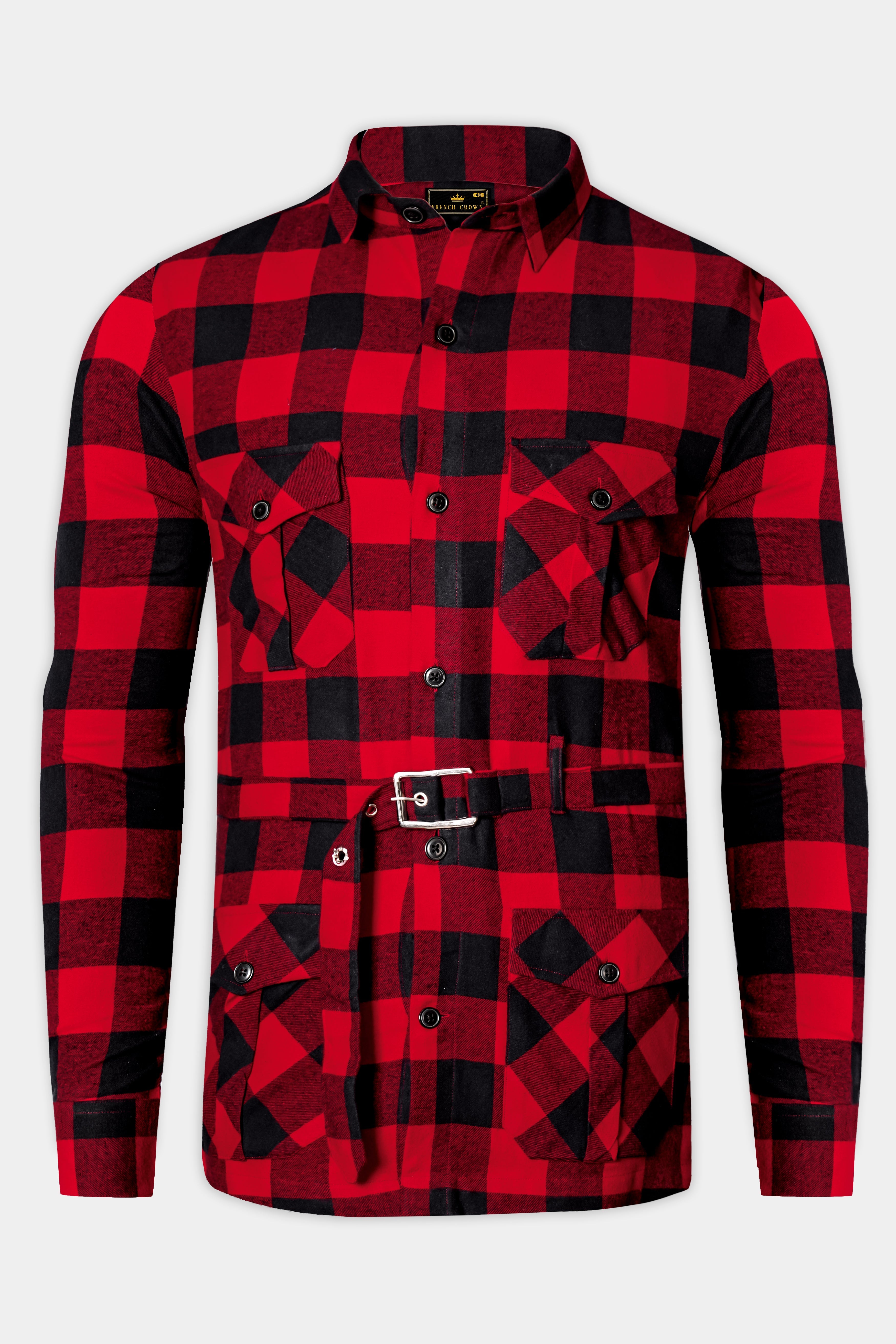 Inferno-Mexican Red And Abbey Black Plaid Flannel Premium Cotton Designer Overshirt/shacket