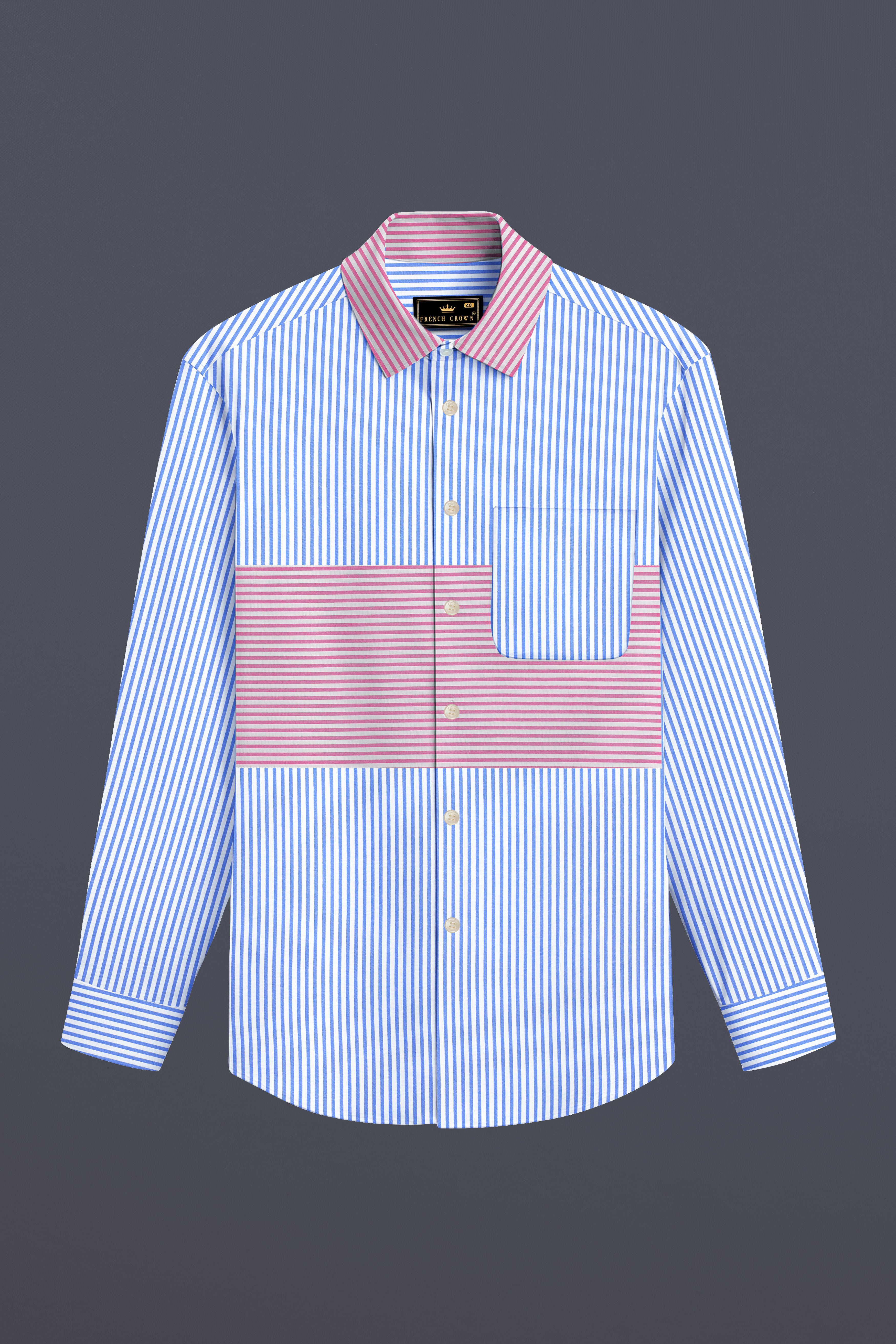 Glacial Blue with White and Thulian Pink Striped Seersucker Designer Shirt