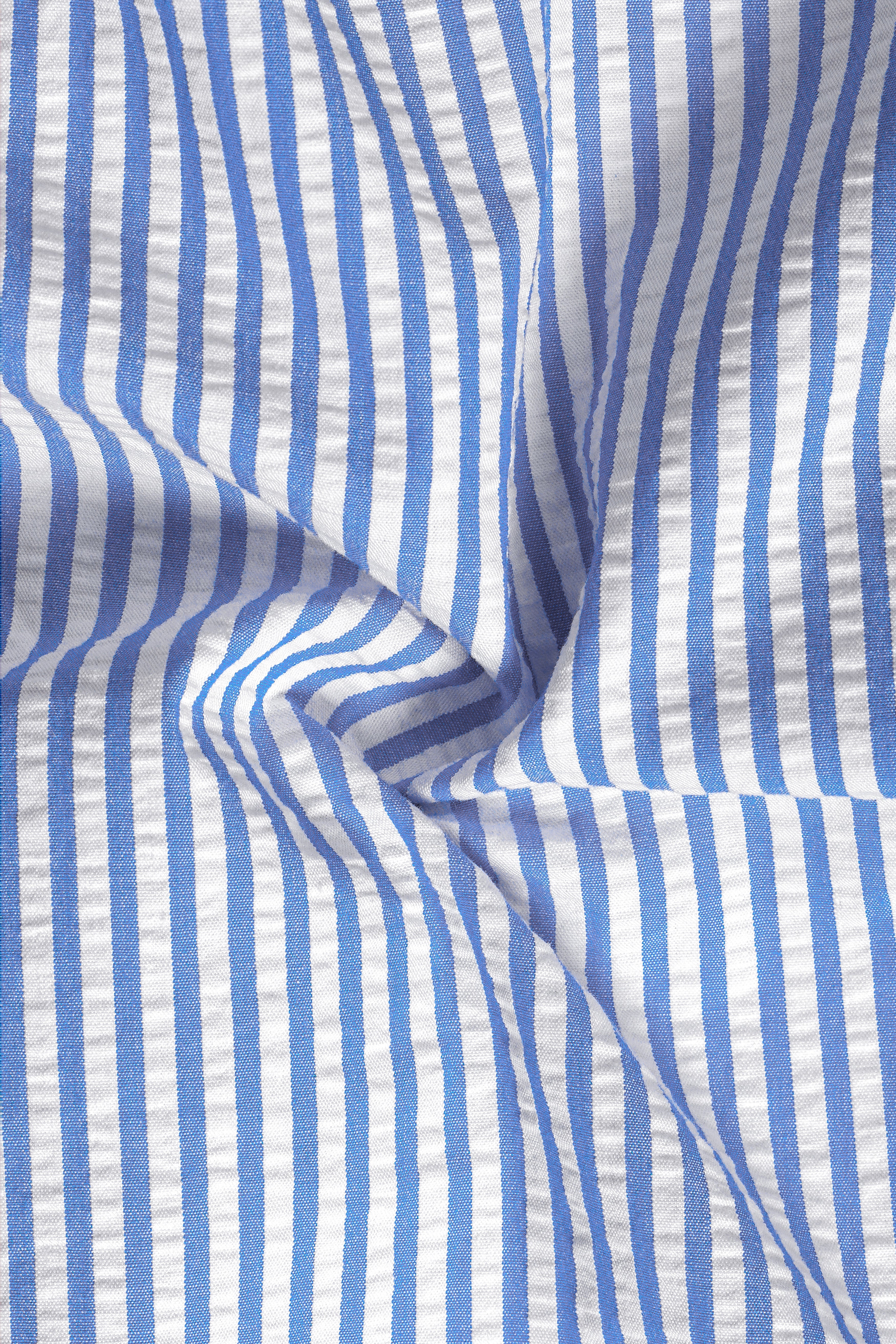 Glacial Blue with White and Thulian Pink Striped Seersucker Designer Shirt
