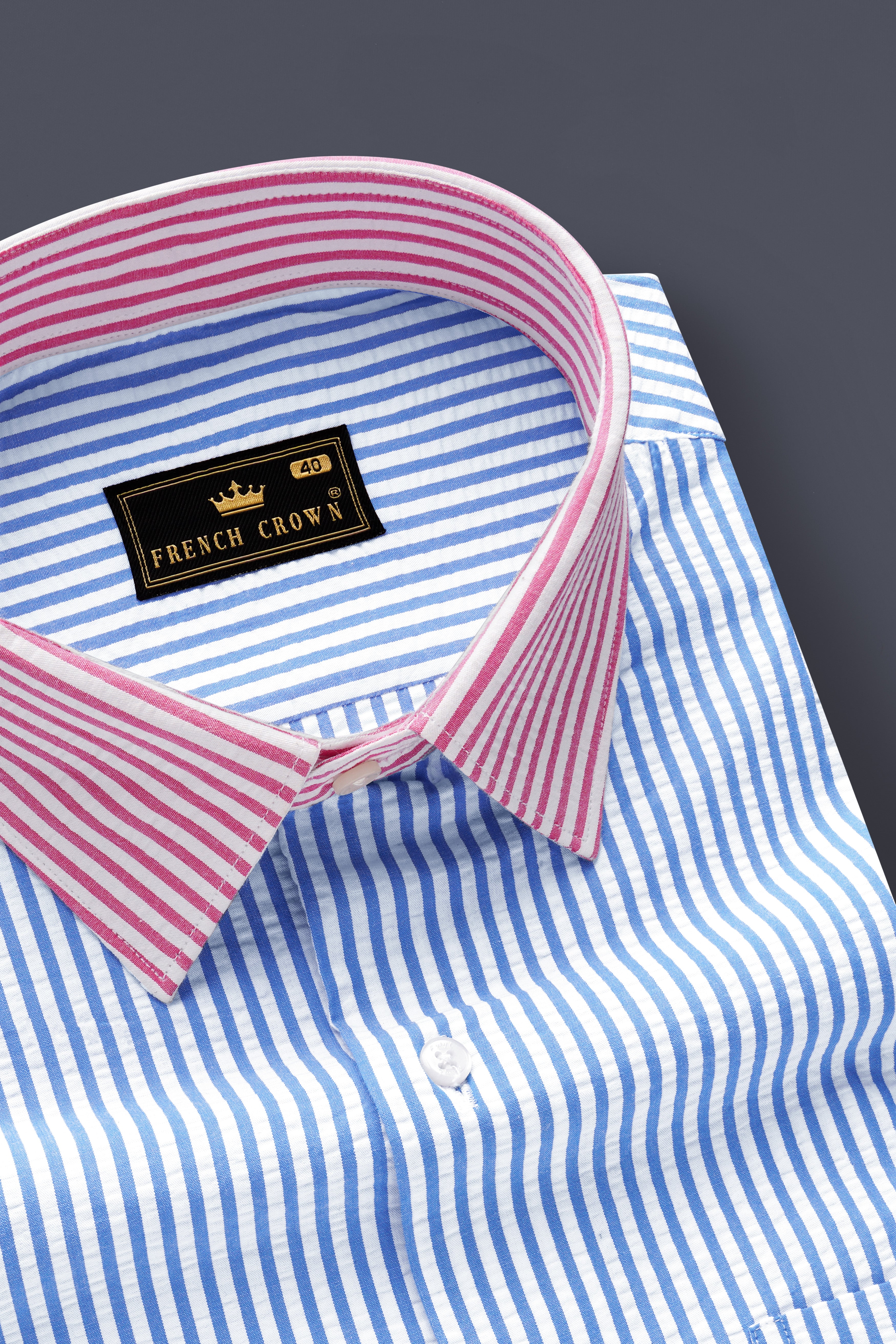 Glacial Blue with White and Thulian Pink Striped Seersucker Designer Shirt