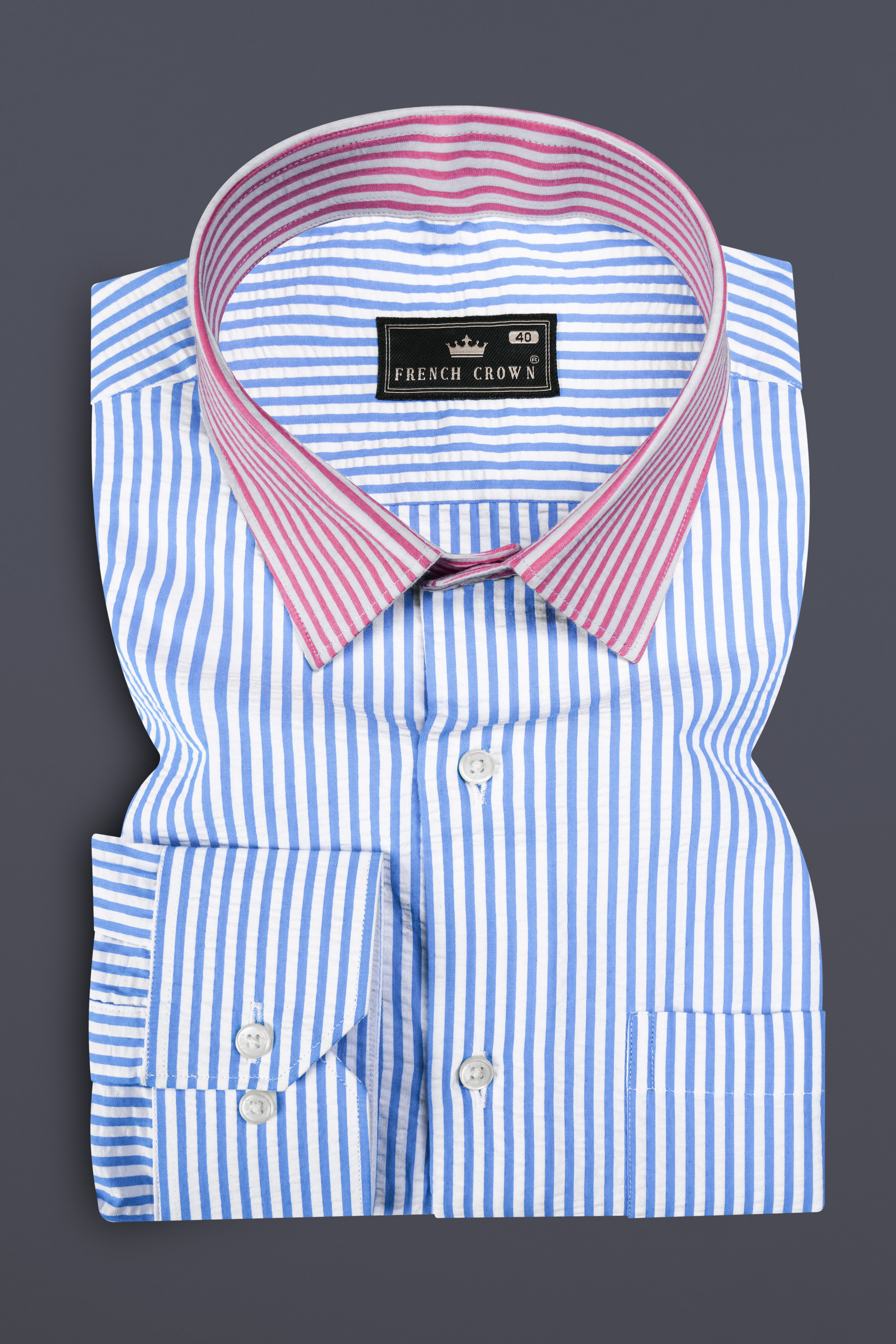 Glacial Blue with White and Thulian Pink Striped Seersucker Designer Shirt
