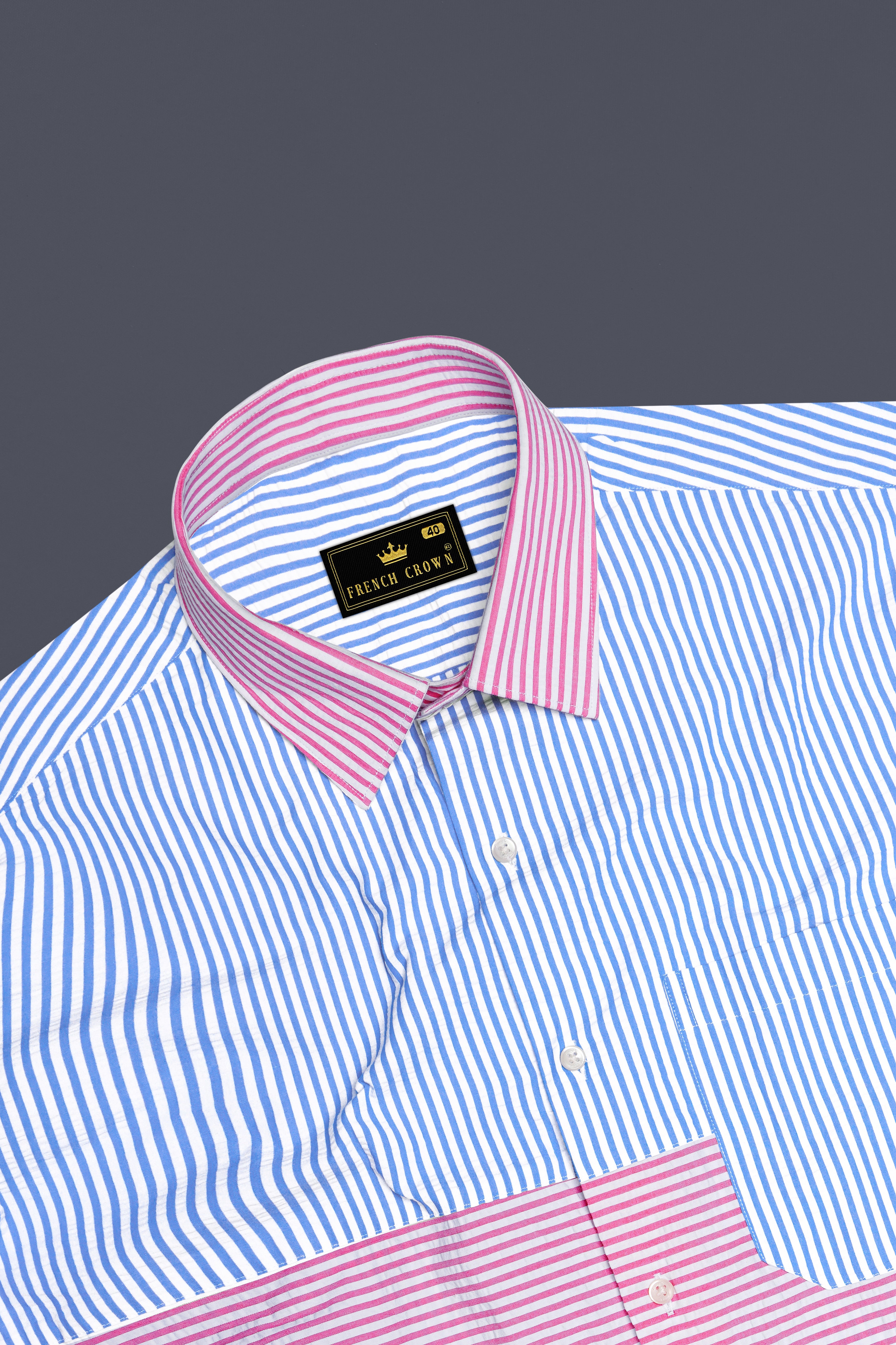 Glacial Blue with White and Thulian Pink Striped Seersucker Designer Shirt