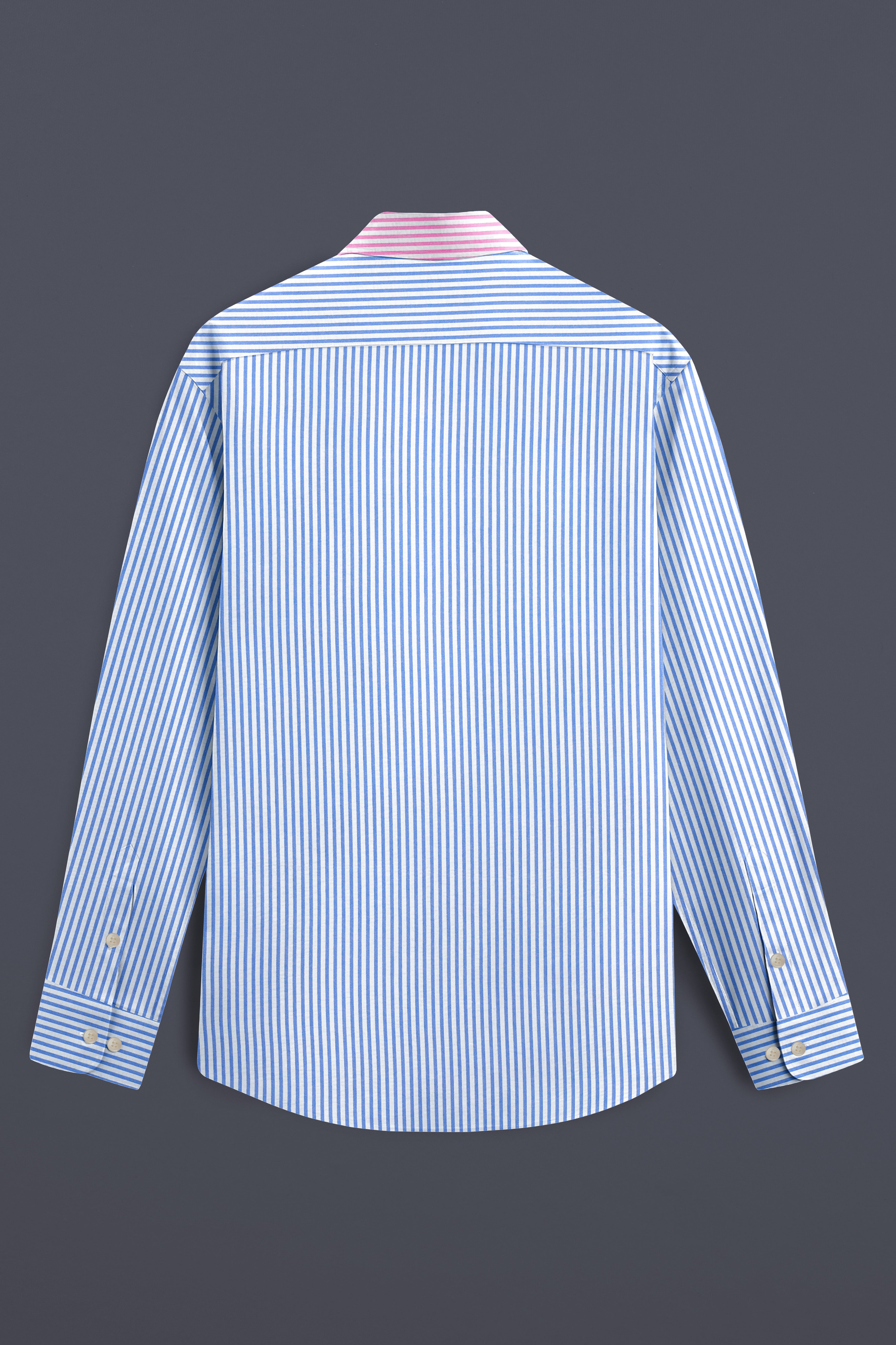 Glacial Blue with White and Thulian Pink Striped Seersucker Designer Shirt