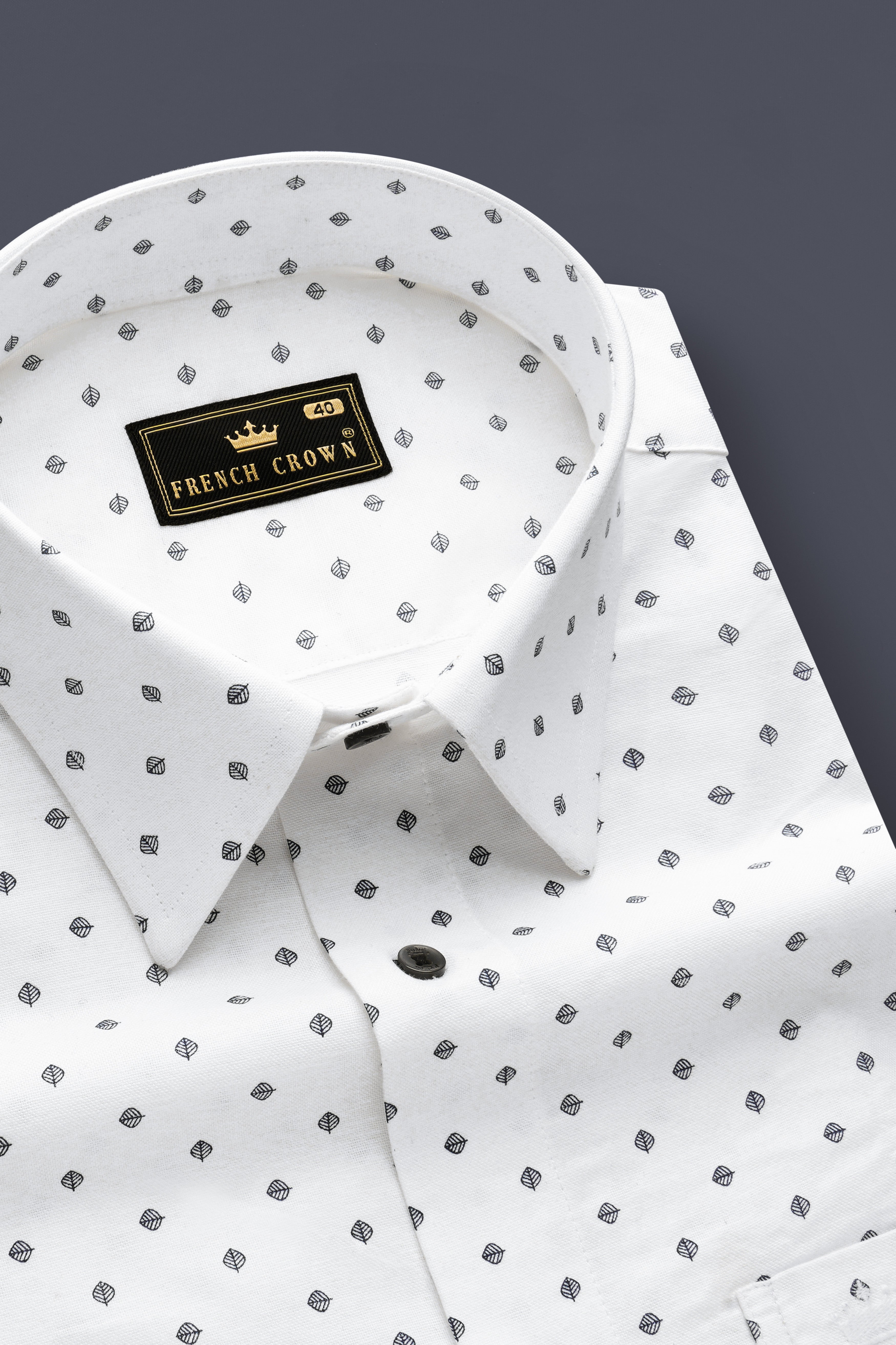 Linenleaf-Bright White Leaf Printed Oxford Premium Cotton Dress Shirt