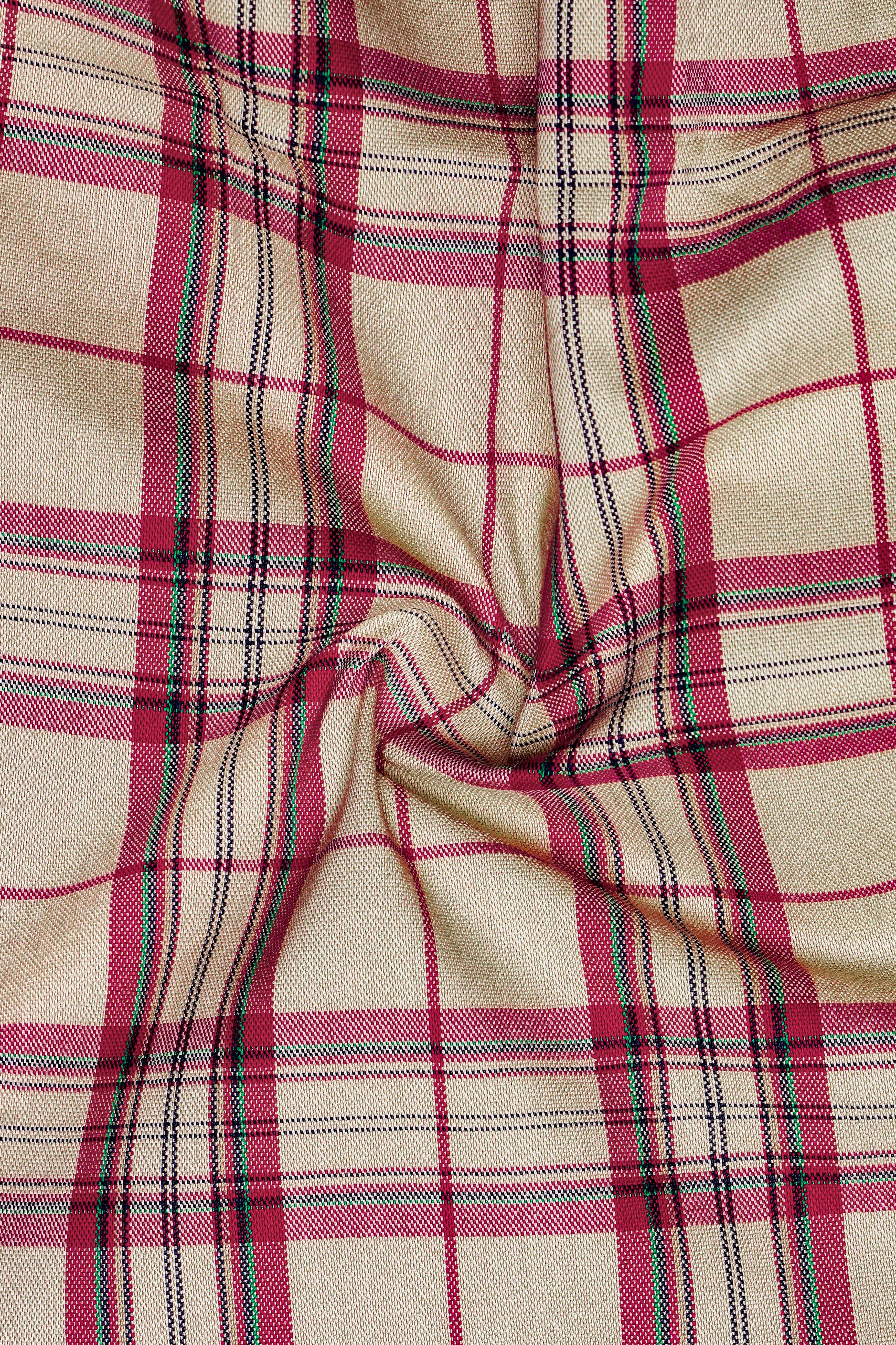 Spring Cream And Brick Red Plaid Oxford Premium Cotton Semi Formal Designer Shirt