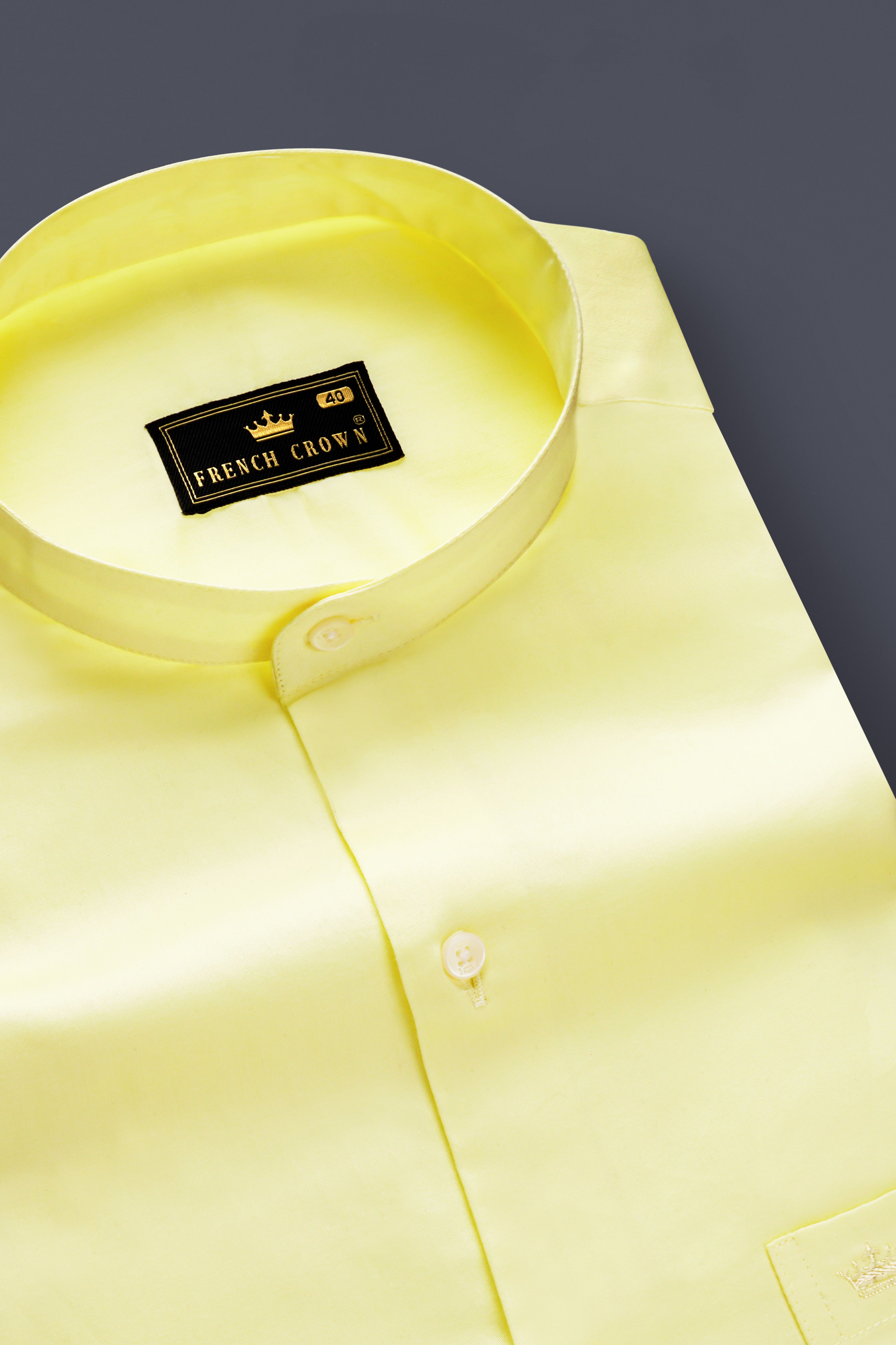 Tuscan Sun-Caper Yellow Solid Subtle Sheen Super Soft Premium Cotton Semi Formal Mandarin Collar Shirt 13586-M-38, 13586-M-H-38, 13586-M-39, 13586-M-H-39, 13586-M-40, 13586-M-H-40, 13586-M-42, 13586-M-H-42, 13586-M-44, 13586-M-H-44, 13586-M-46, 13586-M-H-46, 13586-M-48, 13586-M-H-48, 13586-M-50, 13586-M-H-50, 13586-M-52, 13586-M-H-52