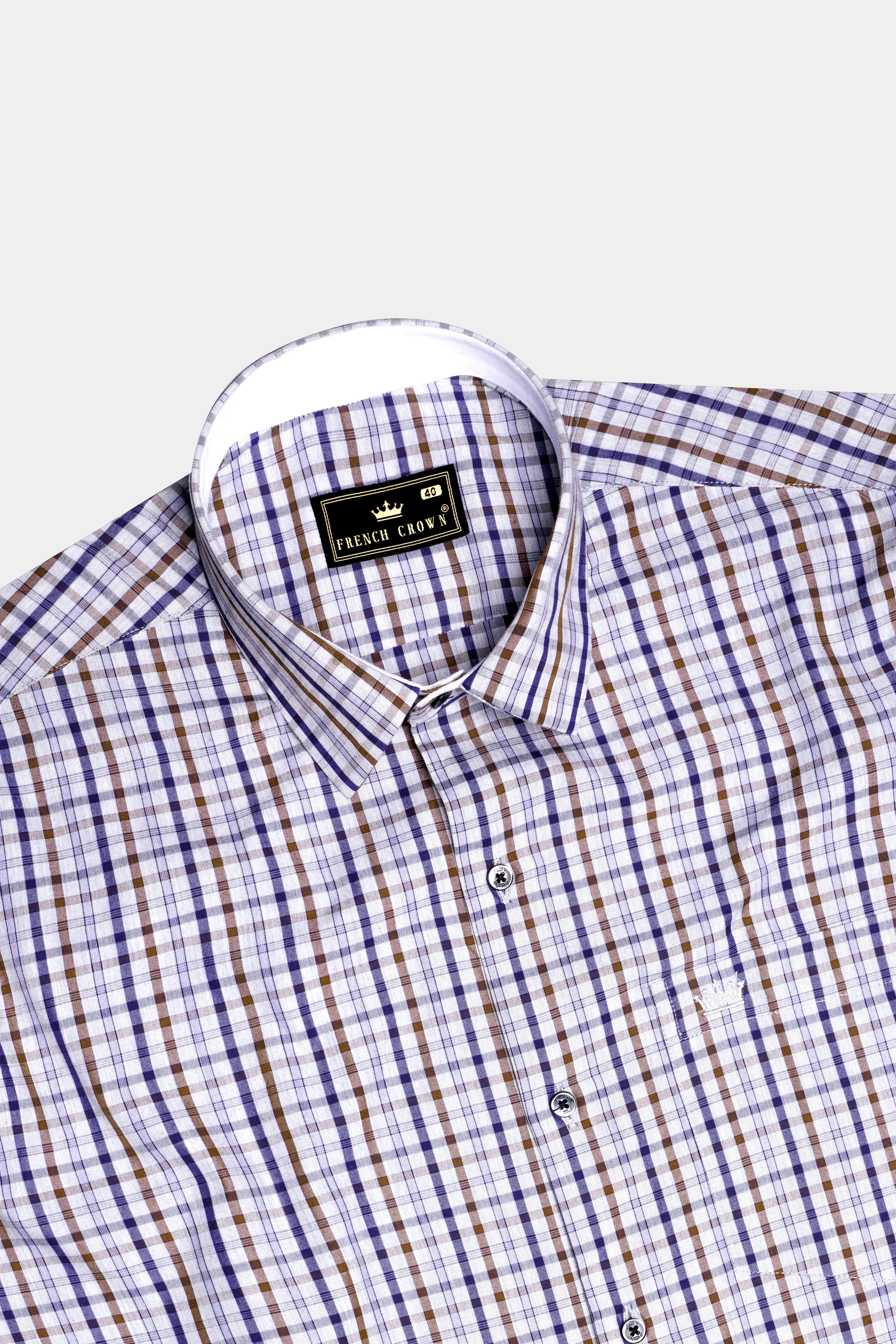 Platinum Grey with Purply Blue and Otter Brown Plaid Poplin Giza Cotton Shirt