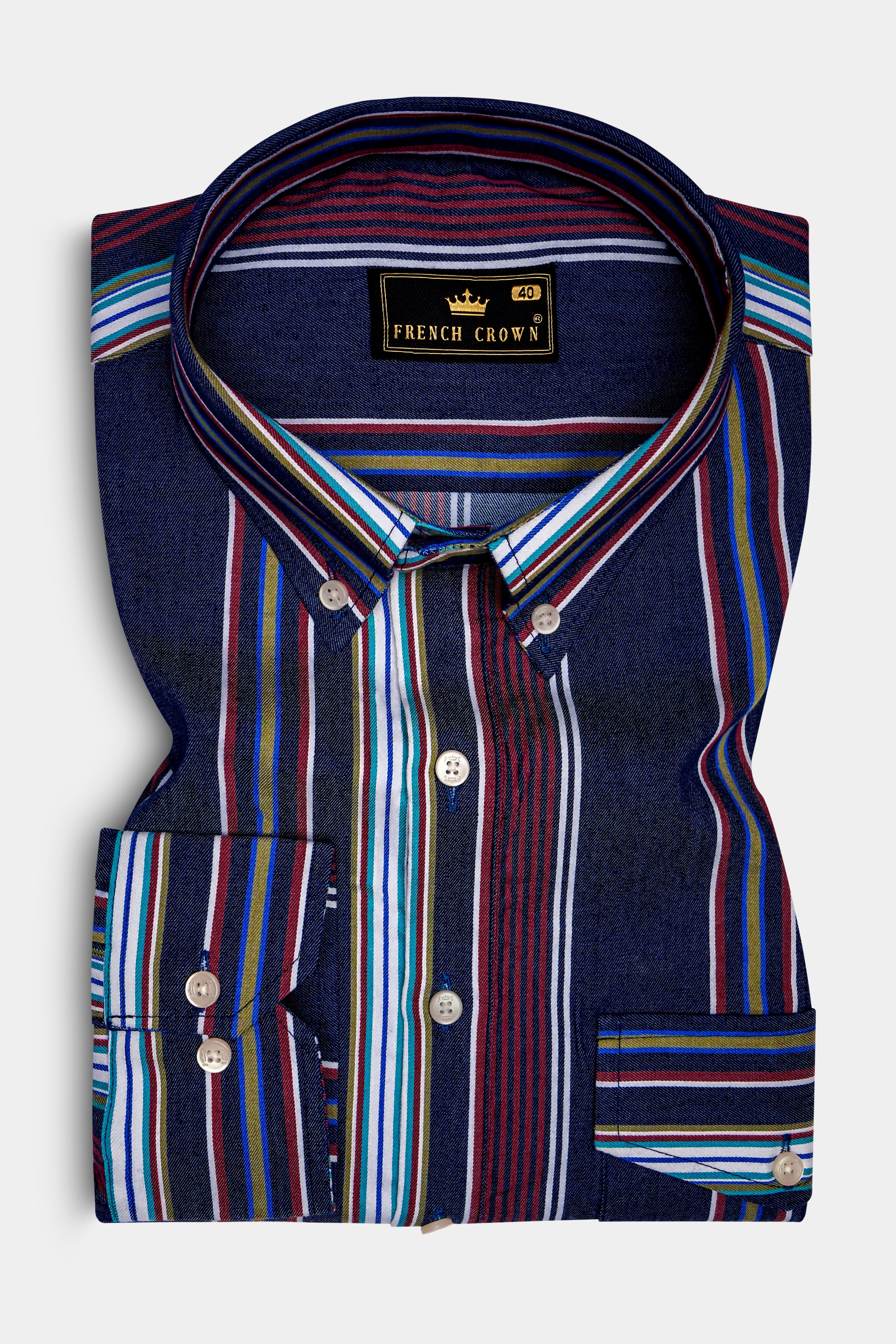 Obscura-Midnight Blue And Bordeaux Red Multicoloured Striped Indigo Denim Casual Designer Shirt